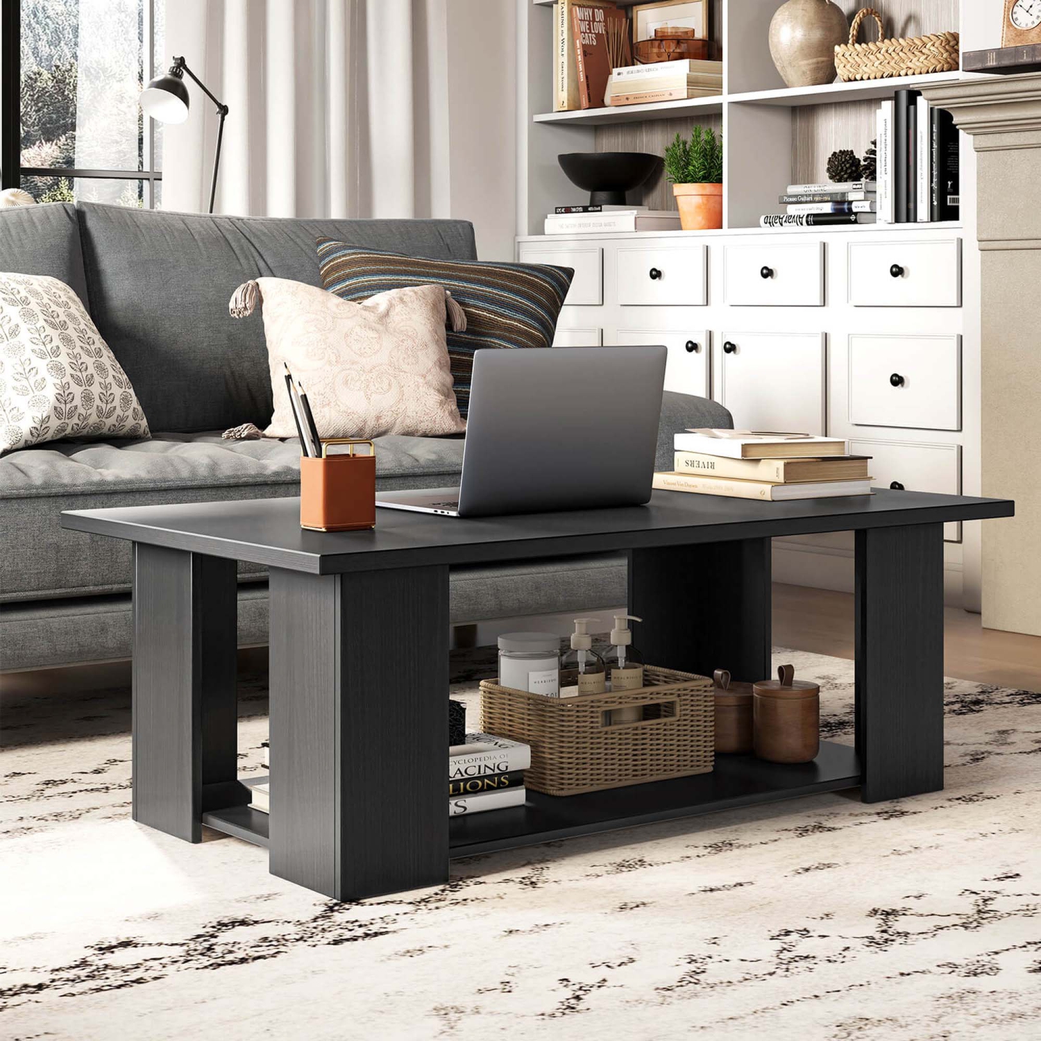 Costway Coffee Table 2-Tier Modern Center Cocktail Table with Storage Shelf for Living Room