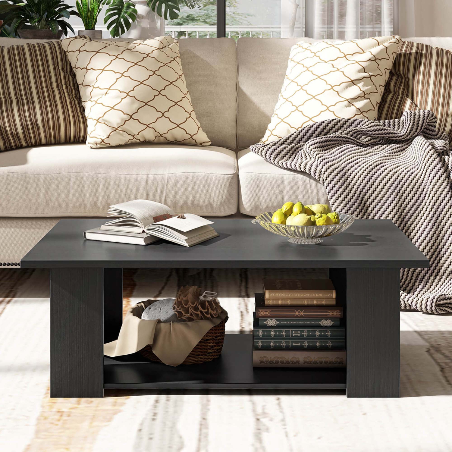 Costway Coffee Table 2-Tier Modern Center Cocktail Table with Storage Shelf for Living Room