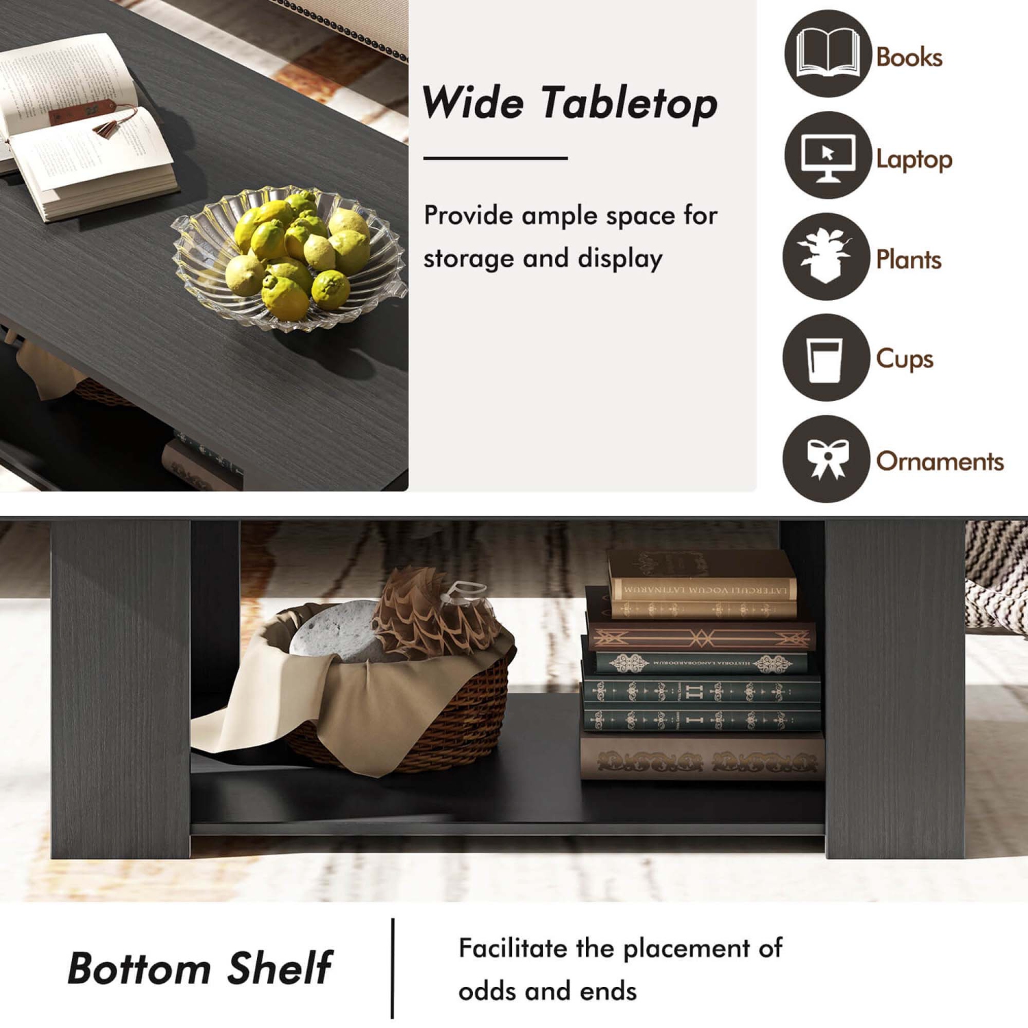 Costway Coffee Table 2-Tier Modern Center Cocktail Table with Storage Shelf for Living Room