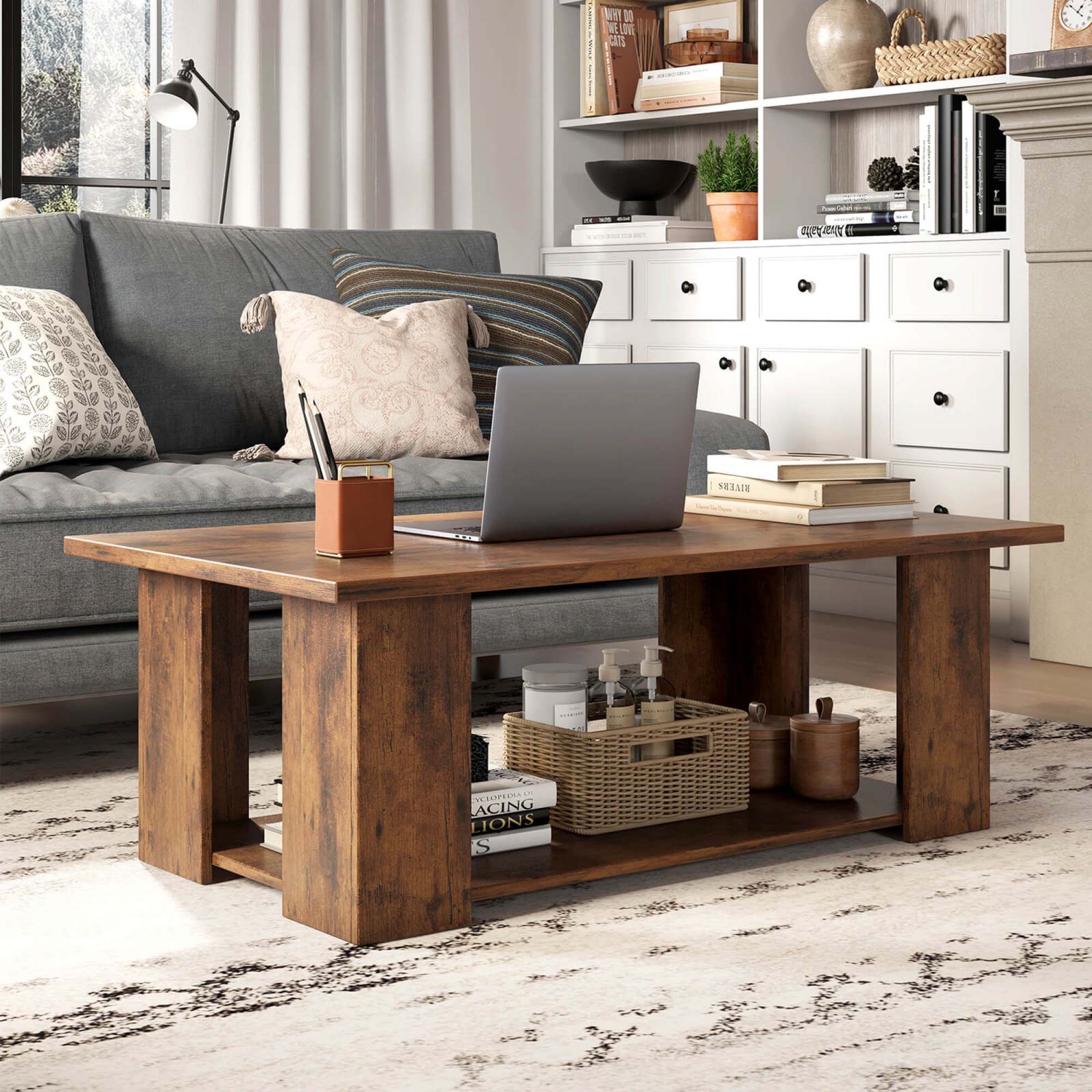 Costway Coffee Table 2-Tier Modern Center Cocktail Table with Storage Shelf for Living Room
