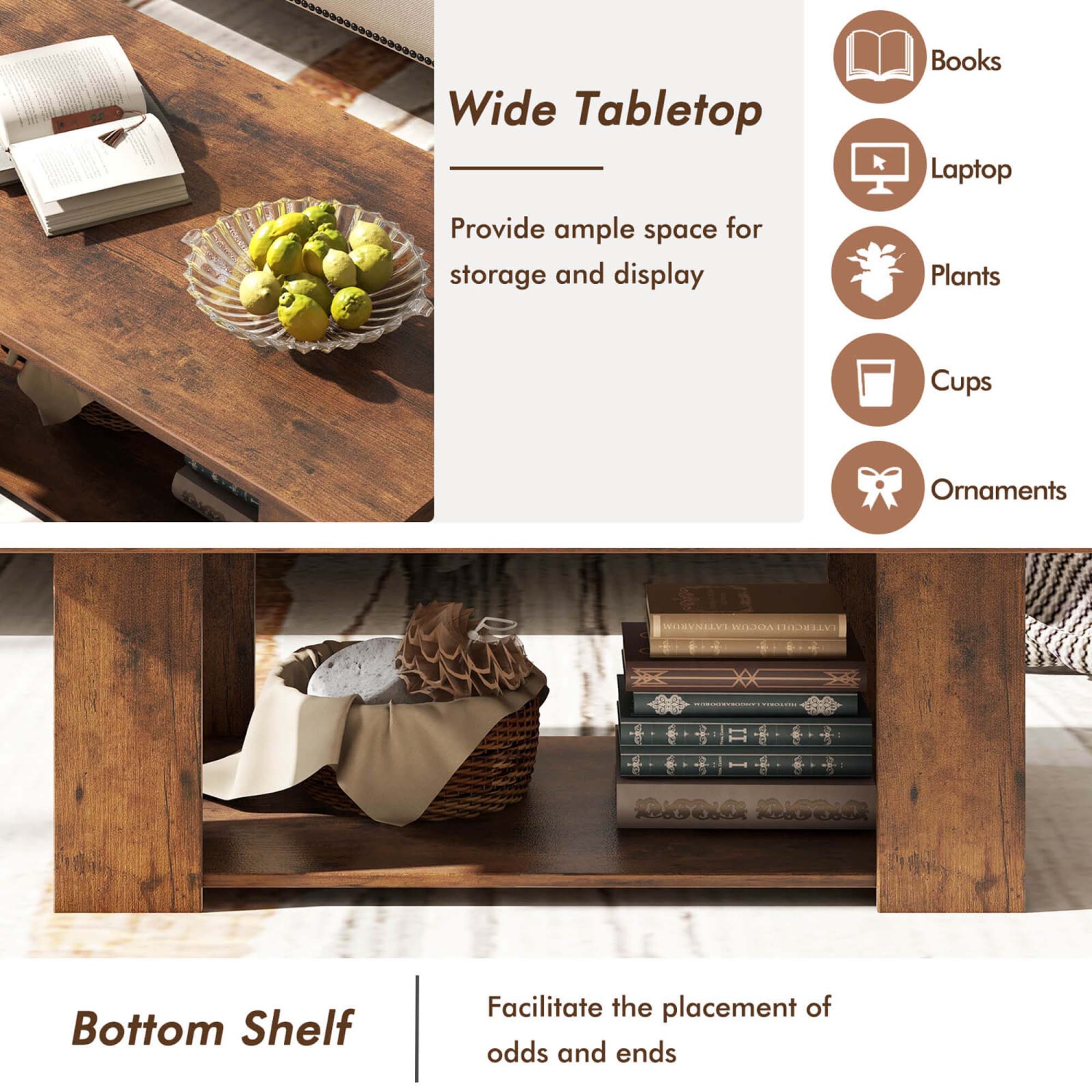 Costway Coffee Table 2-Tier Modern Center Cocktail Table with Storage Shelf for Living Room