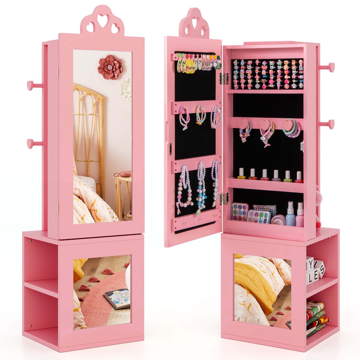 Costway Kids Jewelry Cabinet Standing Children Jewelry Organizer with Full-Length Mirror