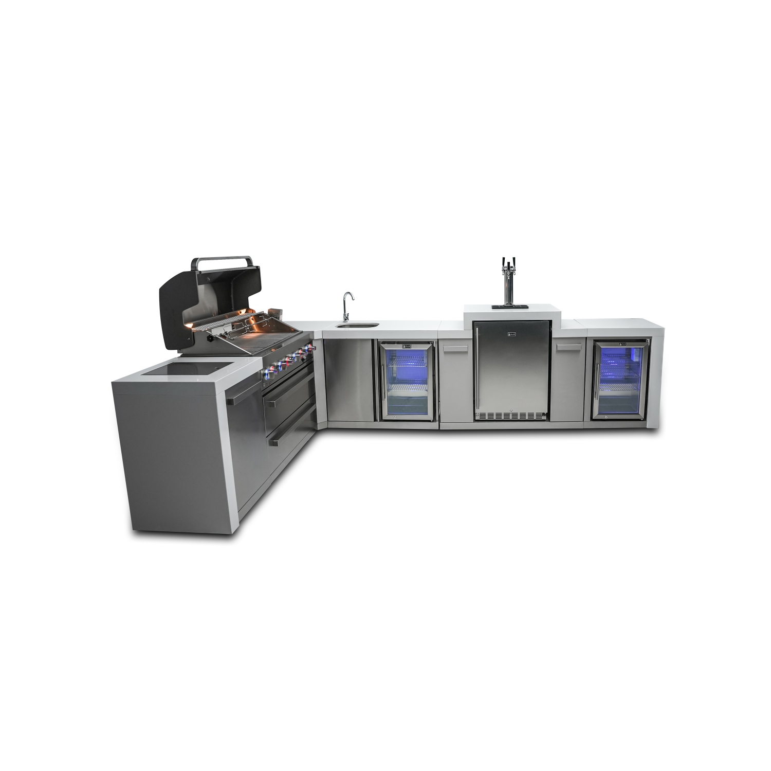 Îlot de luxe Mont Alpi 805 avec coin 90 degrés, Kegerator, centre de boissons et armoire réfrigérateur - Acier inoxydable de qualité marine