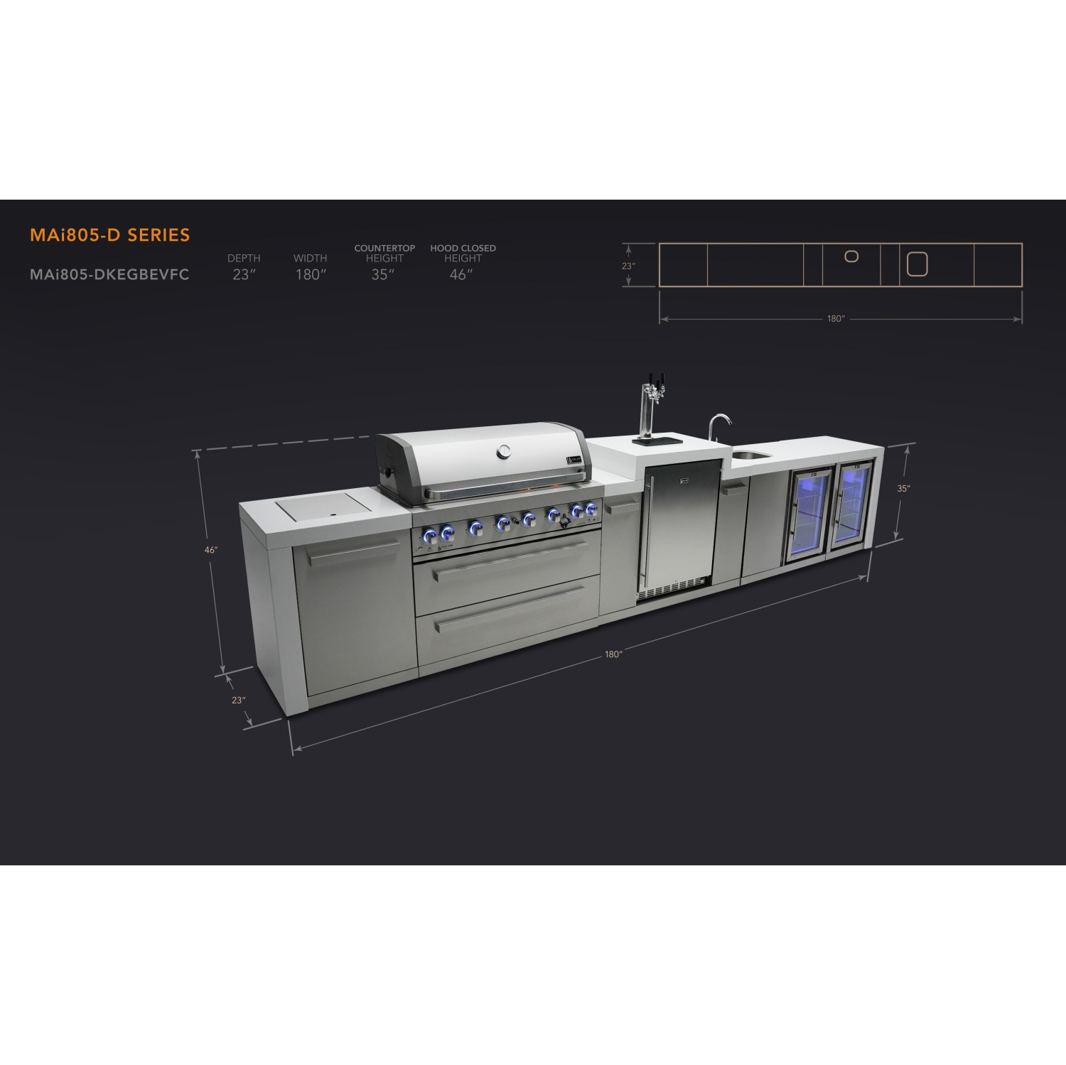 Îlot de luxe Mont Alpi 805 avec Kegerator, centre de boissons et armoire réfrigérateur - Acier inoxydable de qualité marine