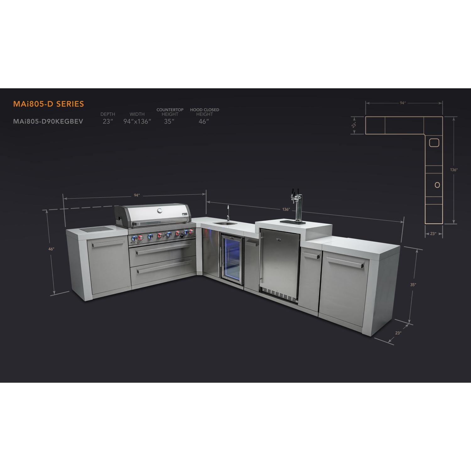 Île de luxe Mont Alpi 805 avec coin 90 degrés, Kegerator et centre de boissons - Acier inoxydable de qualité marine