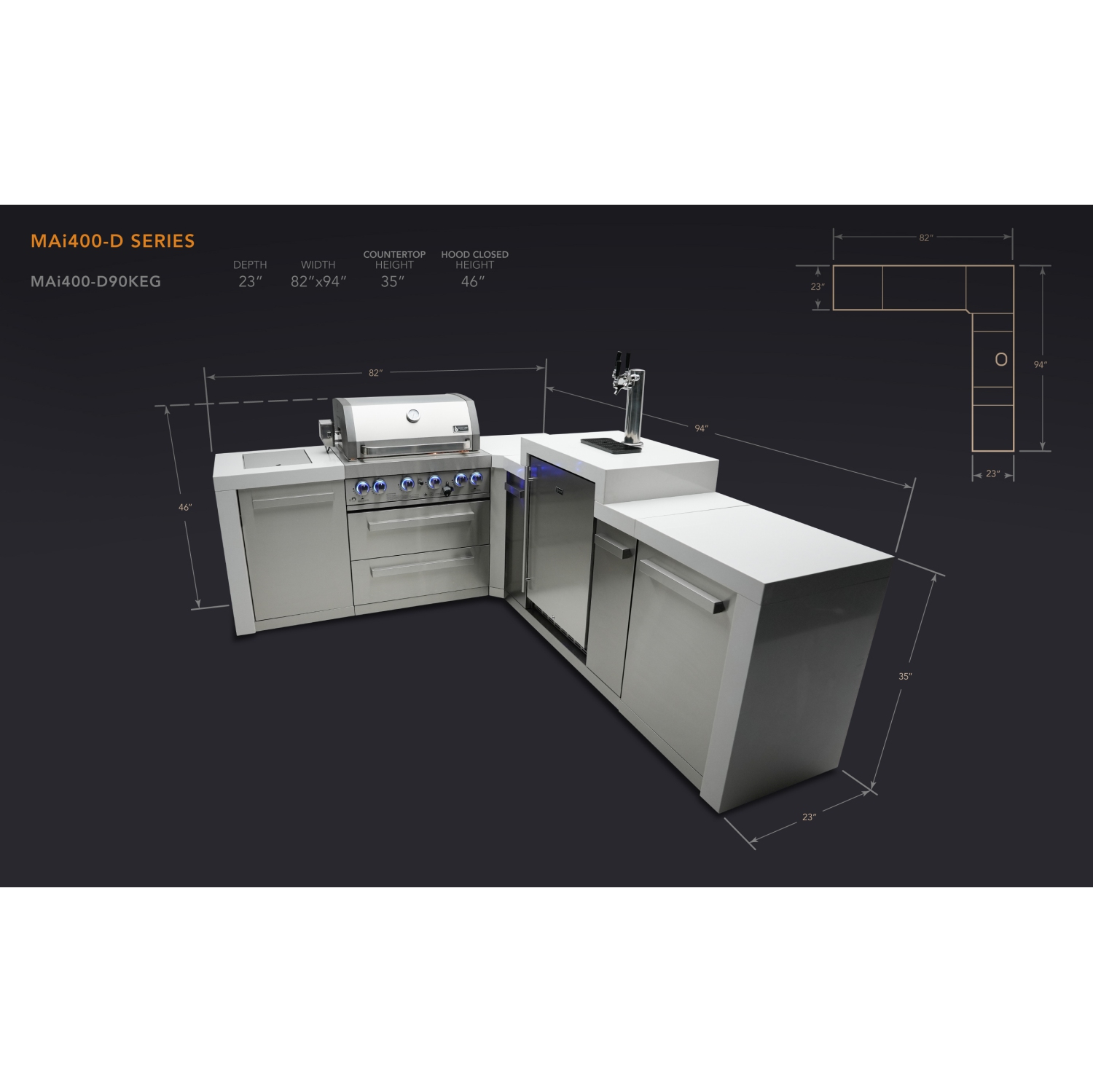 Île de luxe Mont Alpi 400 avec coin à 90 degrés et Kegerator - Acier inoxydable de qualité marine