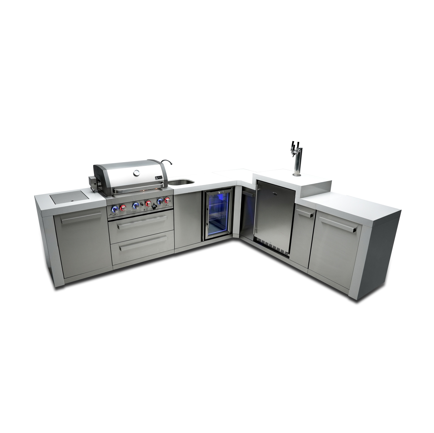 Île de luxe Mont Alpi 400 avec coin 90 degrés, Kegerator et centre de boissons - Acier inoxydable de qualité marine