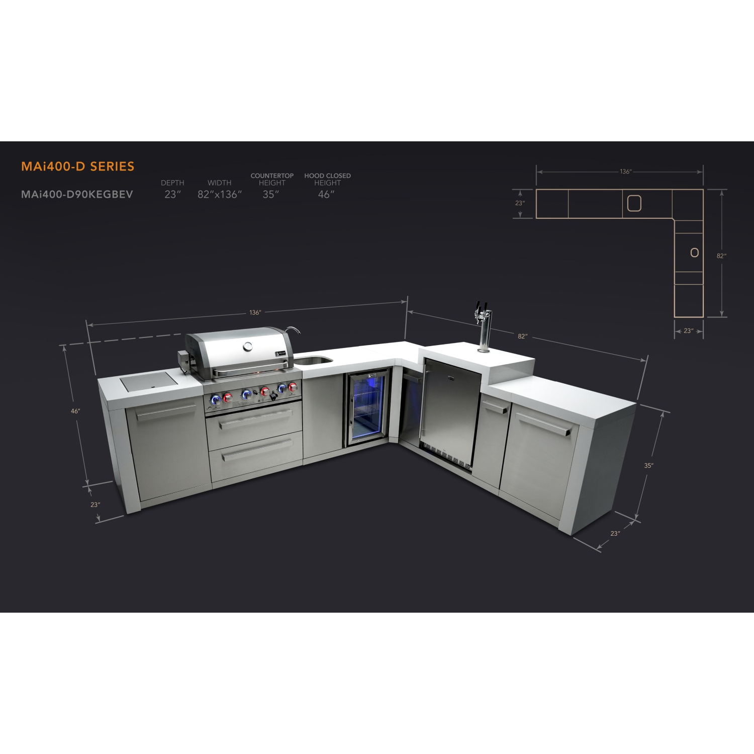 Île de luxe Mont Alpi 400 avec coin 90 degrés, Kegerator et centre de boissons - Acier inoxydable de qualité marine