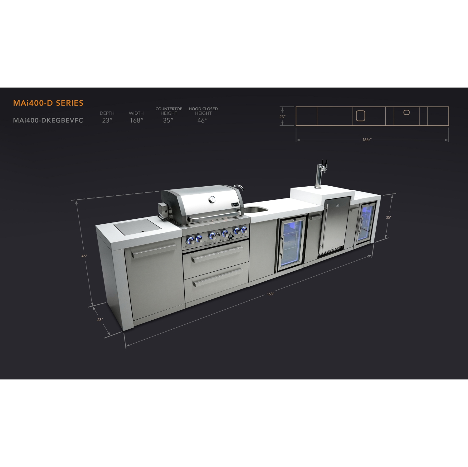 Îlot de luxe Mont Alpi 400 avec Kegerator, centre de boissons et armoire réfrigérateur - Acier inoxydable de qualité marine