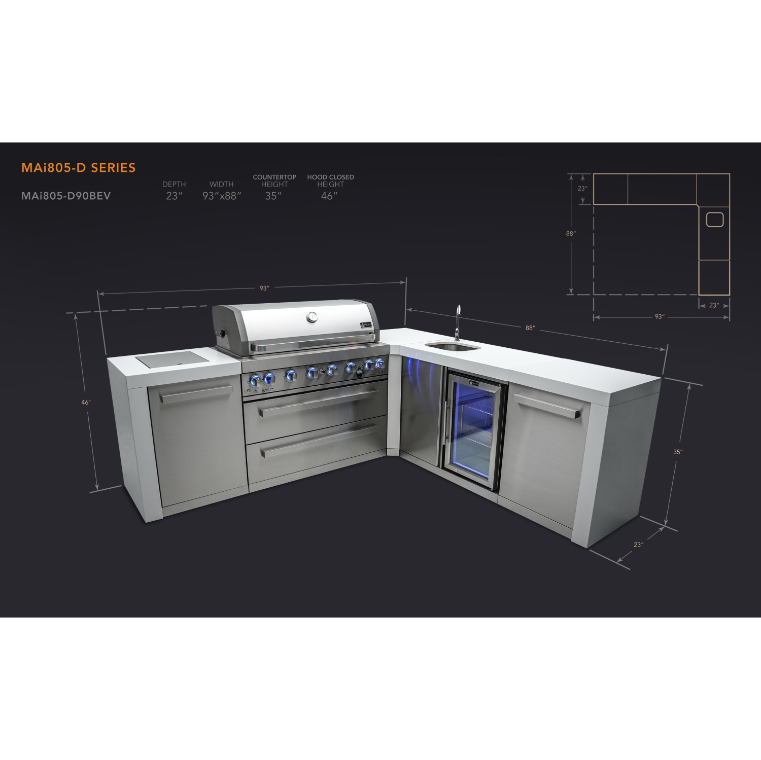 Île de luxe Mont Alpi 805 avec coin à 90 degrés et centre de boissons - Acier inoxydable de qualité marine