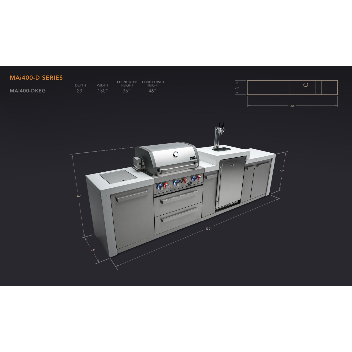 Île de luxe Mont Alpi 400 avec Kegerator - Acier inoxydable de qualité marine