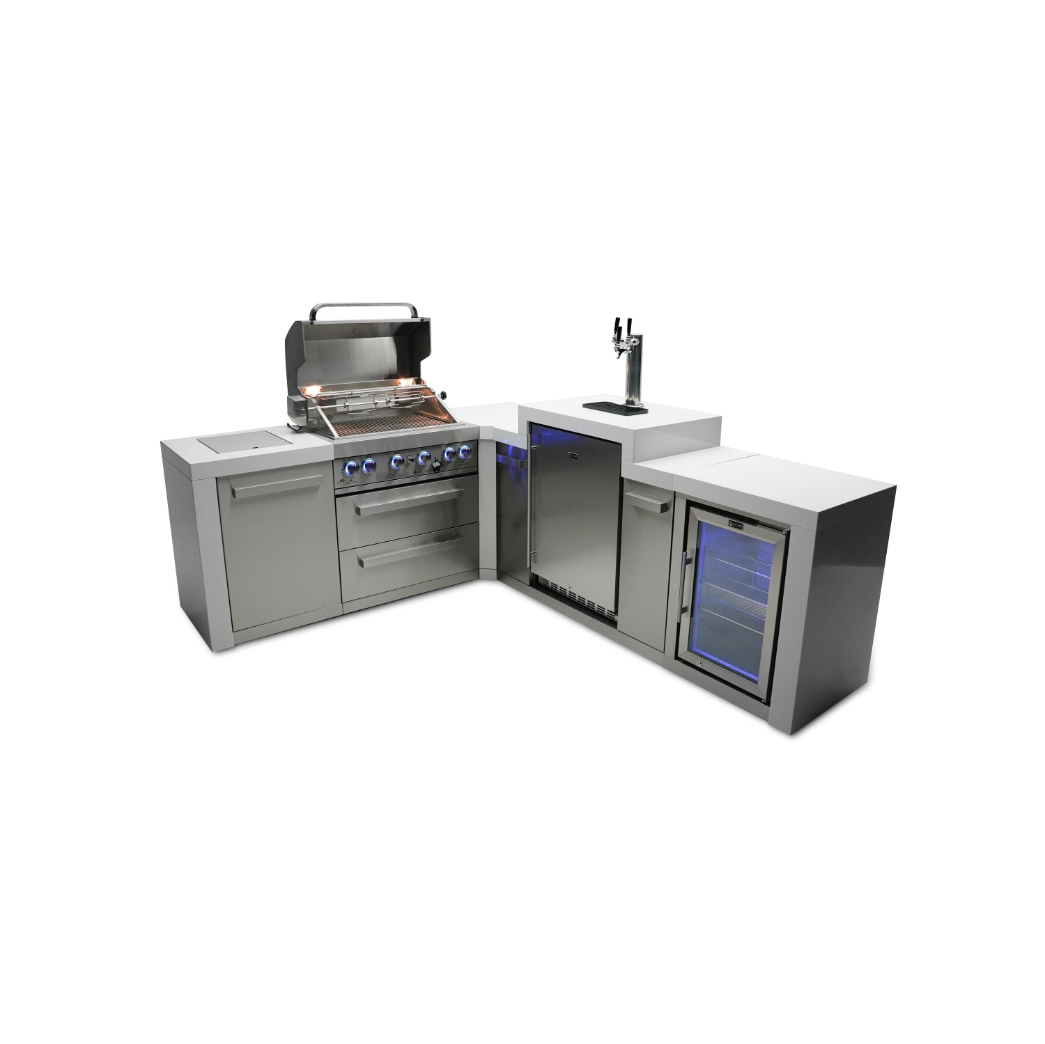 Îlot de luxe Mont Alpi 400 avec coin à 90 degrés, Kegerator et armoire réfrigérateur - Acier inoxydable de qualité marine