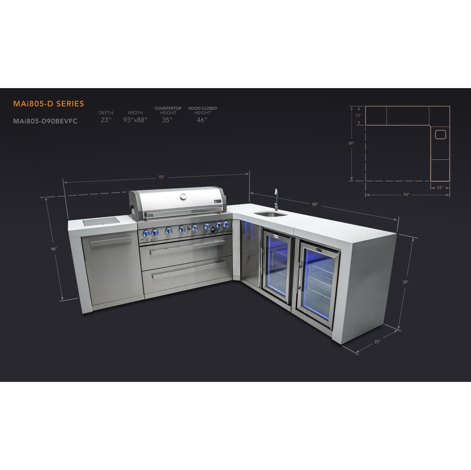 Îlot de luxe Mont Alpi 805 avec coin à 90 degrés, centre de boissons et armoire réfrigérateur - Acier inoxydable de qualité marine
