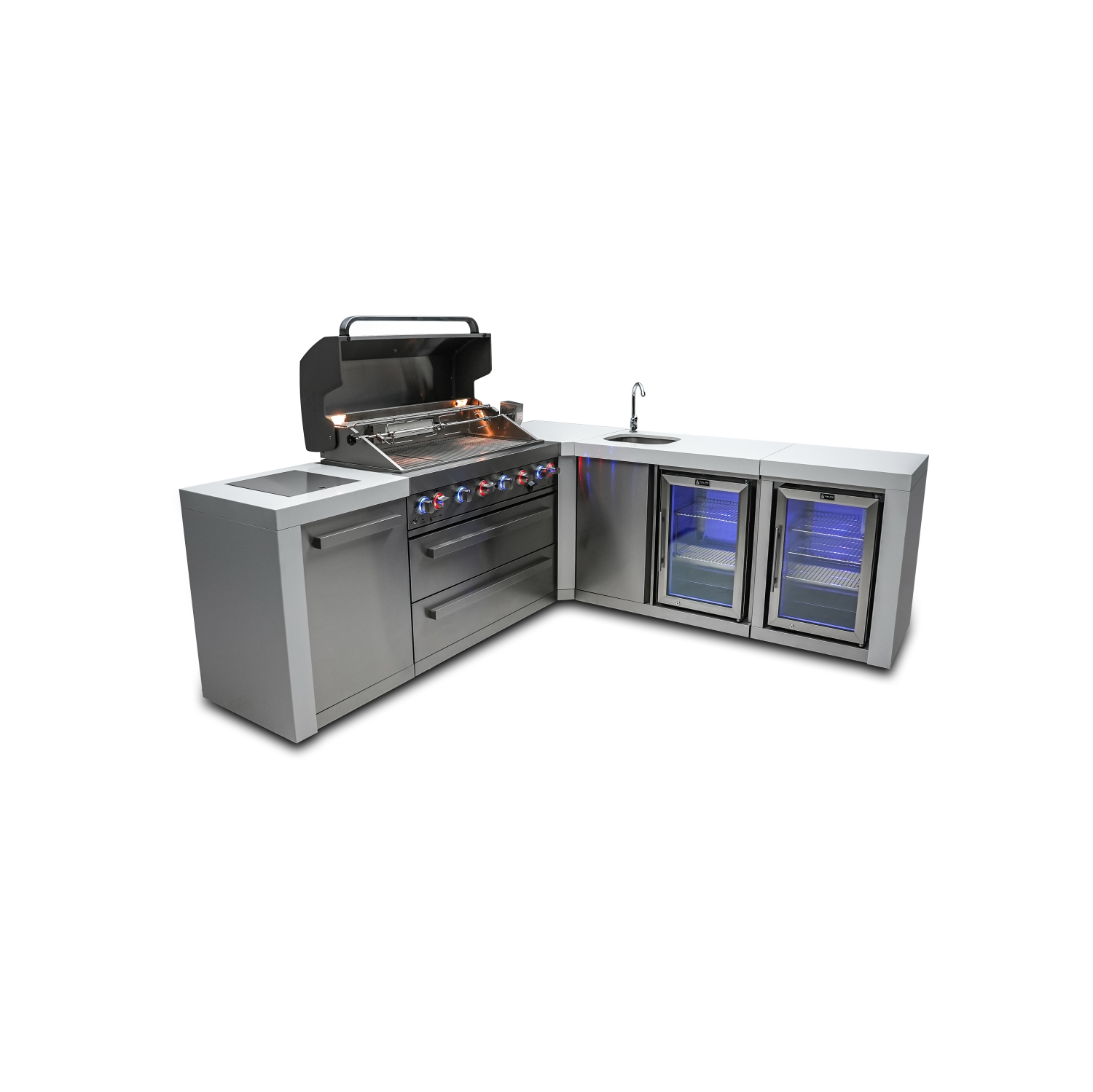 Îlot de luxe Mont Alpi 805 avec coin à 90 degrés, centre de boissons et armoire réfrigérateur - Acier inoxydable de qualité marine