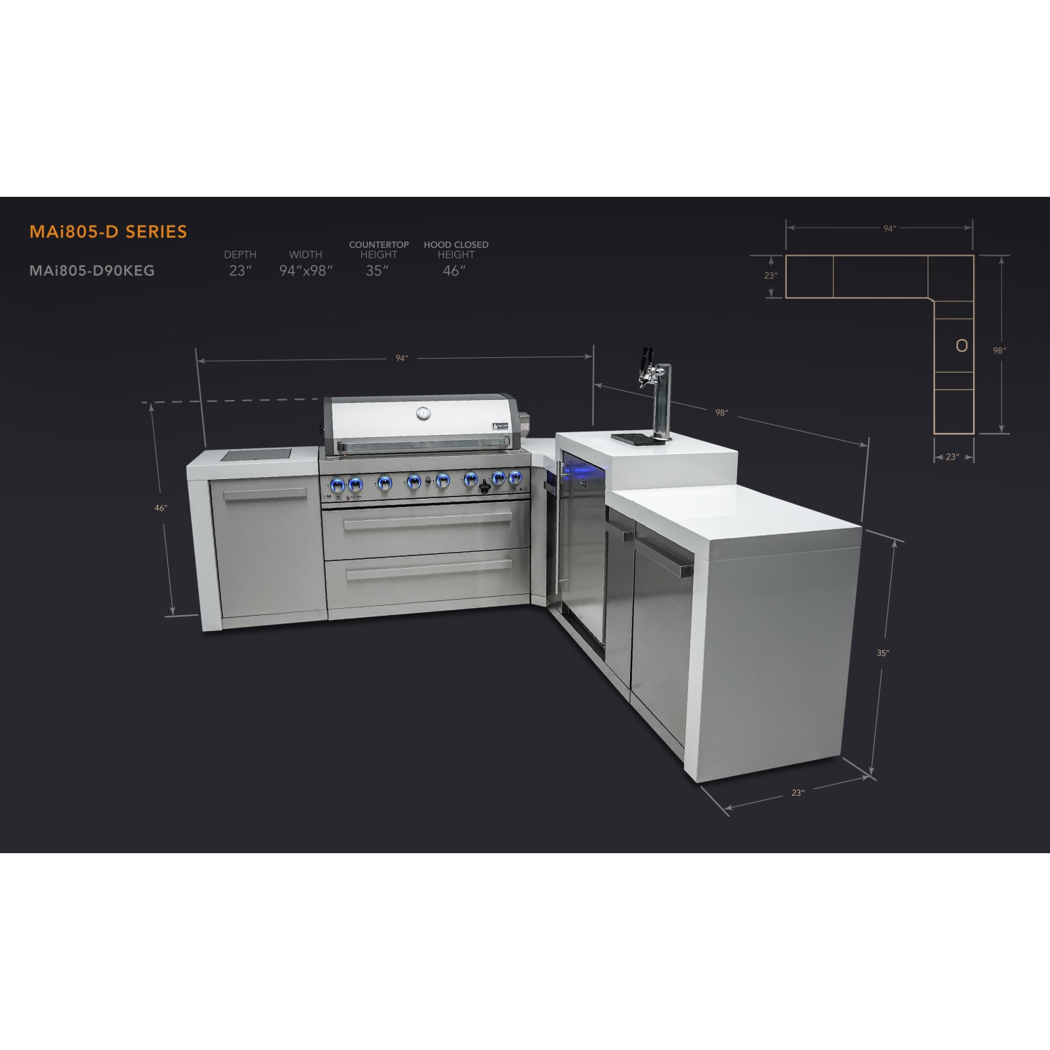 Île de luxe Mont Alpi 805 avec coin à 90 degrés et Kegerator - Acier inoxydable de qualité marine