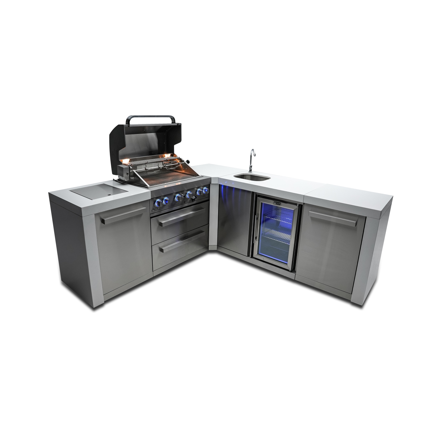 Île de luxe Mont Alpi 400 avec coin à 90 degrés et centre de boissons - Acier inoxydable de qualité marine