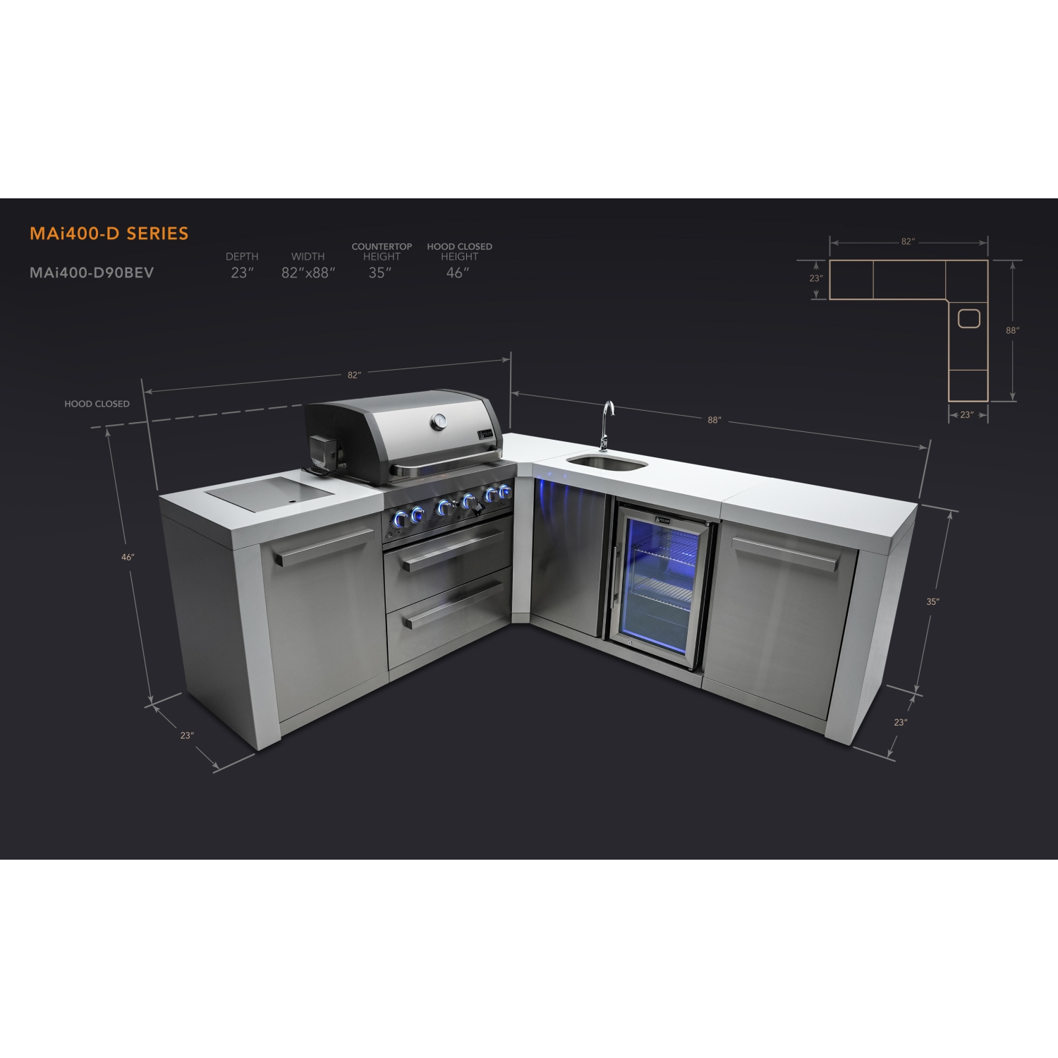 Île de luxe Mont Alpi 400 avec coin à 90 degrés et centre de boissons - Acier inoxydable de qualité marine