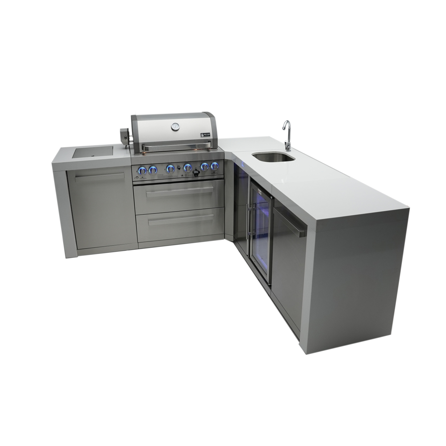 Île de luxe Mont Alpi 400 avec coin à 90 degrés et centre de boissons - Acier inoxydable de qualité marine