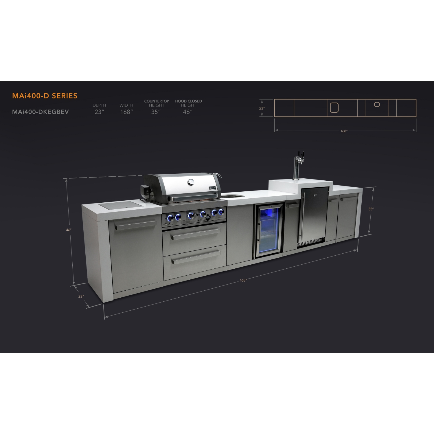 Île de luxe Mont Alpi 400 avec un Kegerator et un centre de boissons - Acier inoxydable de qualité marine