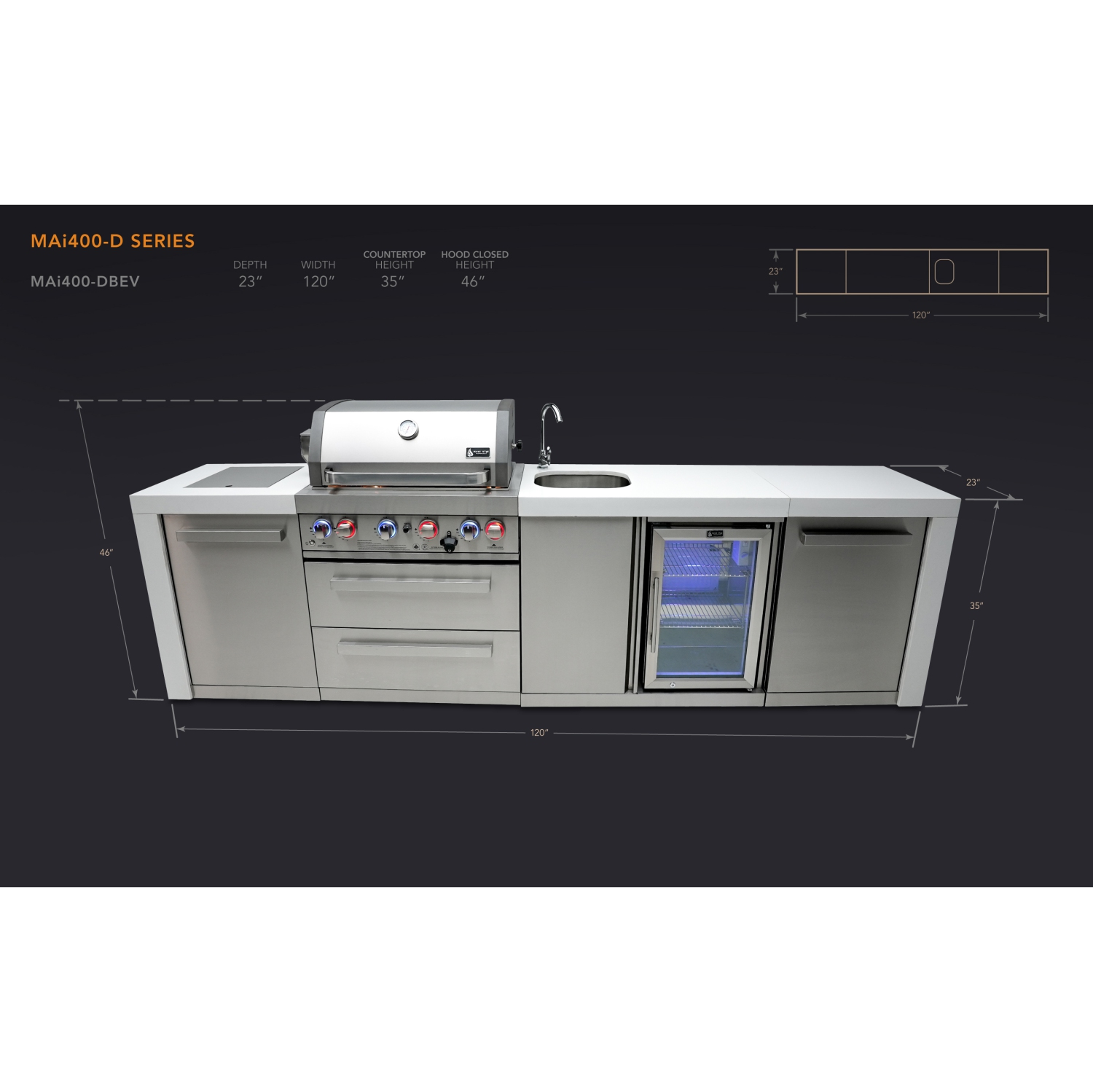 Îlot de luxe Mont Alpi 400 avec centre de boissons - Acier inoxydable de qualité marine