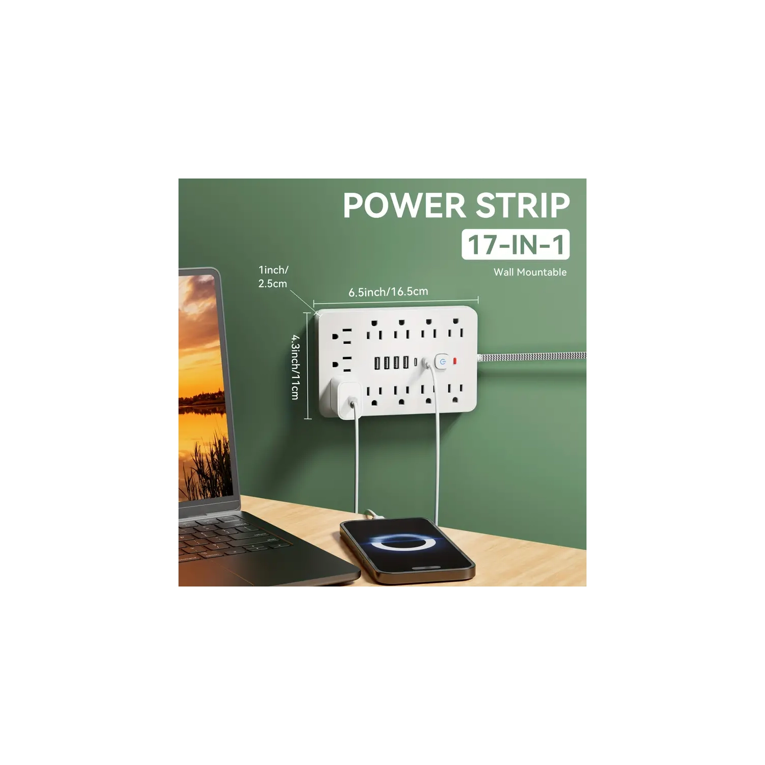 Barre d'alimentation à 11 prises avec ports USB et de type C – Protection contre les surtensions, fixation murale, idéale pour la maison, la