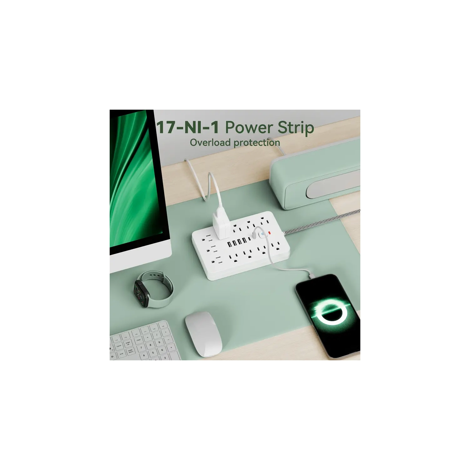 Barre d'alimentation à 11 prises avec ports USB et de type C – Protection contre les surtensions, fixation murale, idéale pour la maison, la