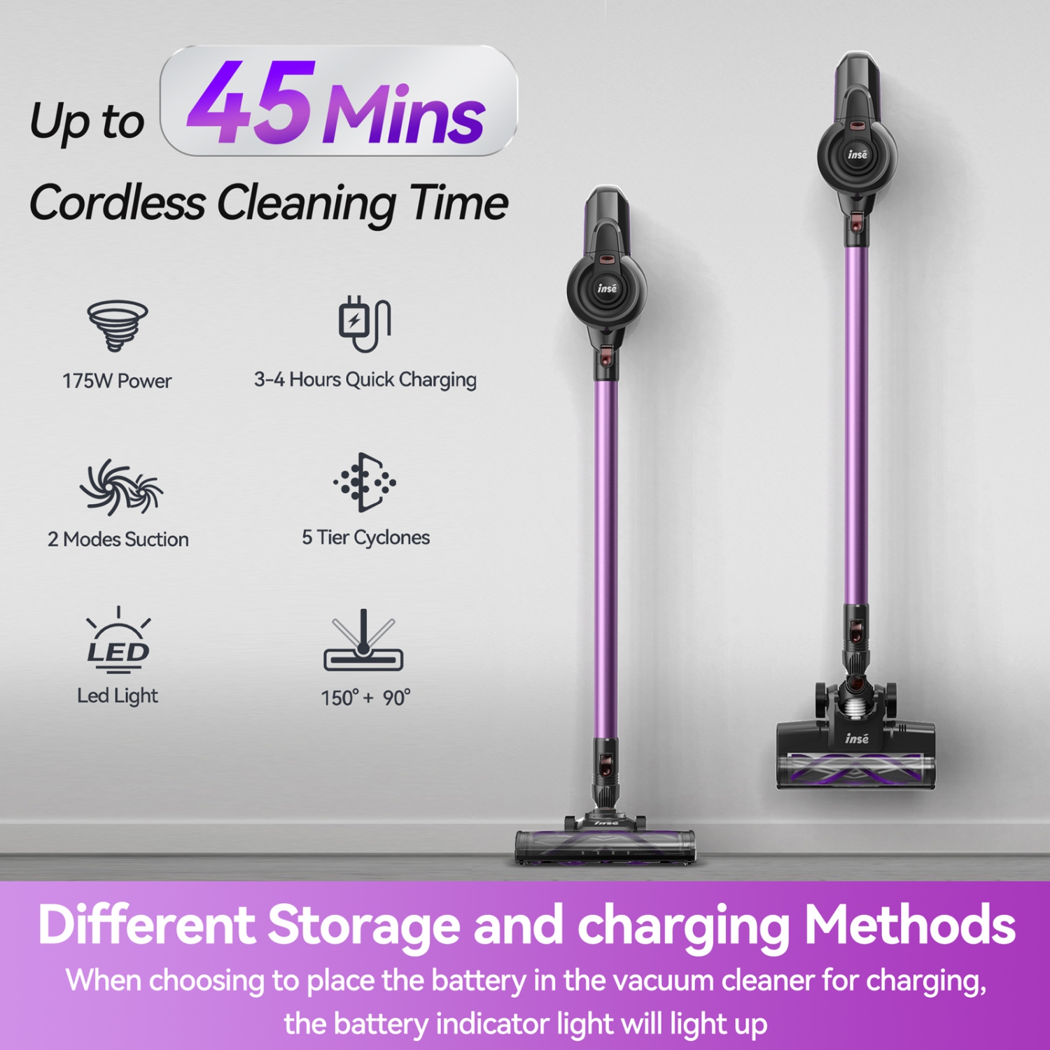 Vacuum Cleaners for Home, 45Kpa Powerful Motor Cordless Vacuum with Removable 2200mAH Battery up to 45 Mins Worktime, 2 Adjustable Modes and