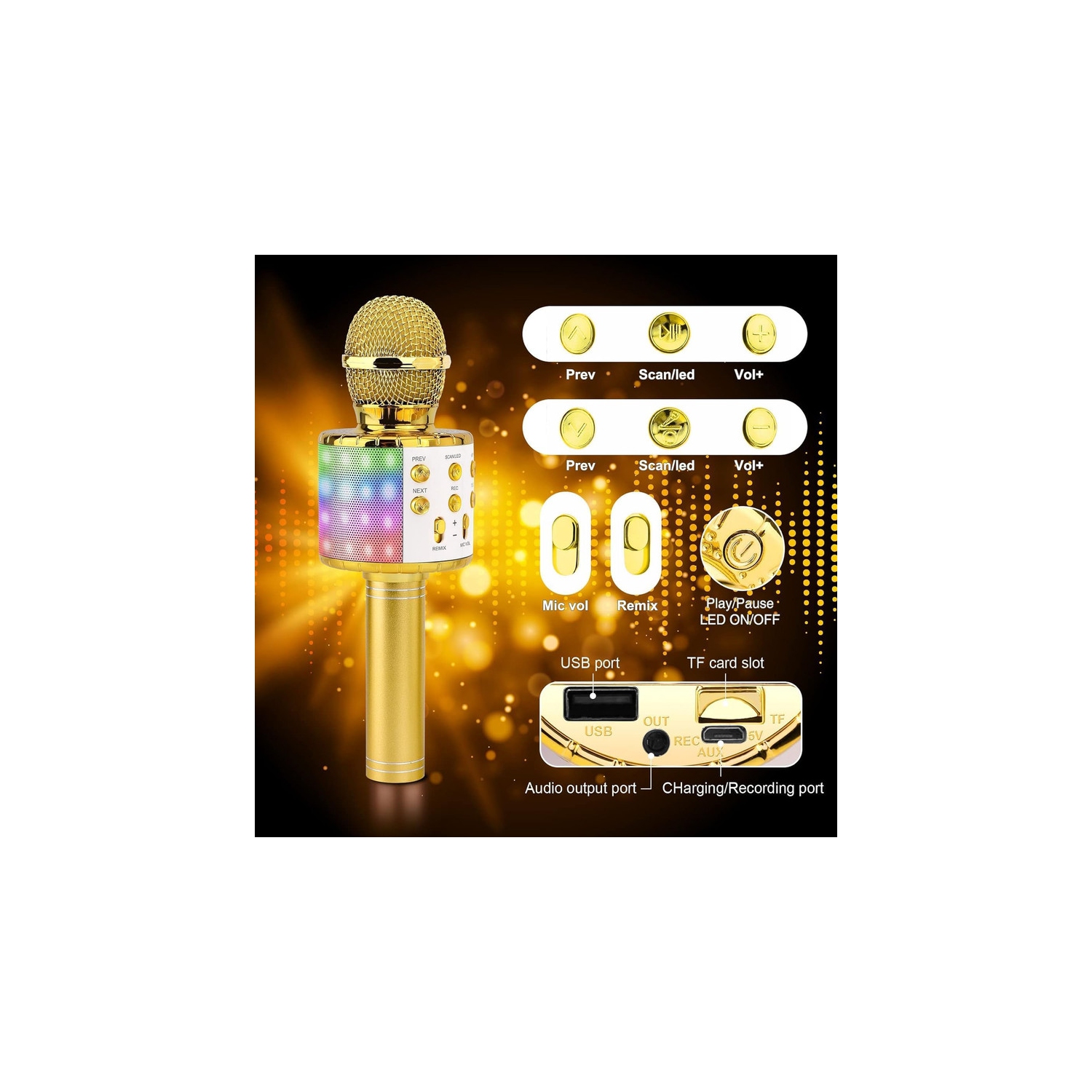 4 in 1 Handheld Karaoke Microphone, Portable Karaoke System with Speaker, Karaoke Machine Home KTV Player with Record Function for Android & iOS