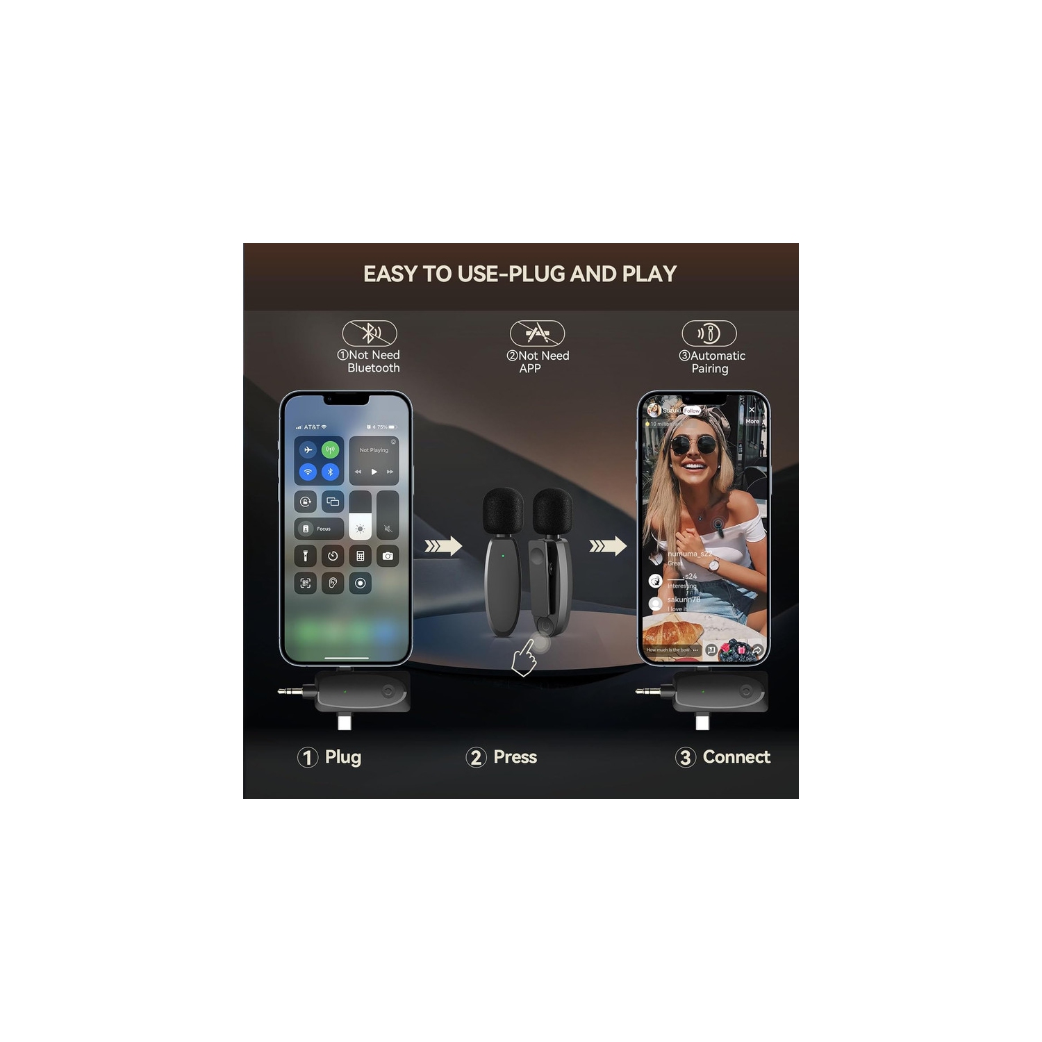 Wireless Lavalier Microphone,Mini Microphones for iPhone Android Camera,2.4G Ultra-Low Delay Lapel Mic-3 in 1 Microphone for Recording,YouTube,TikTok