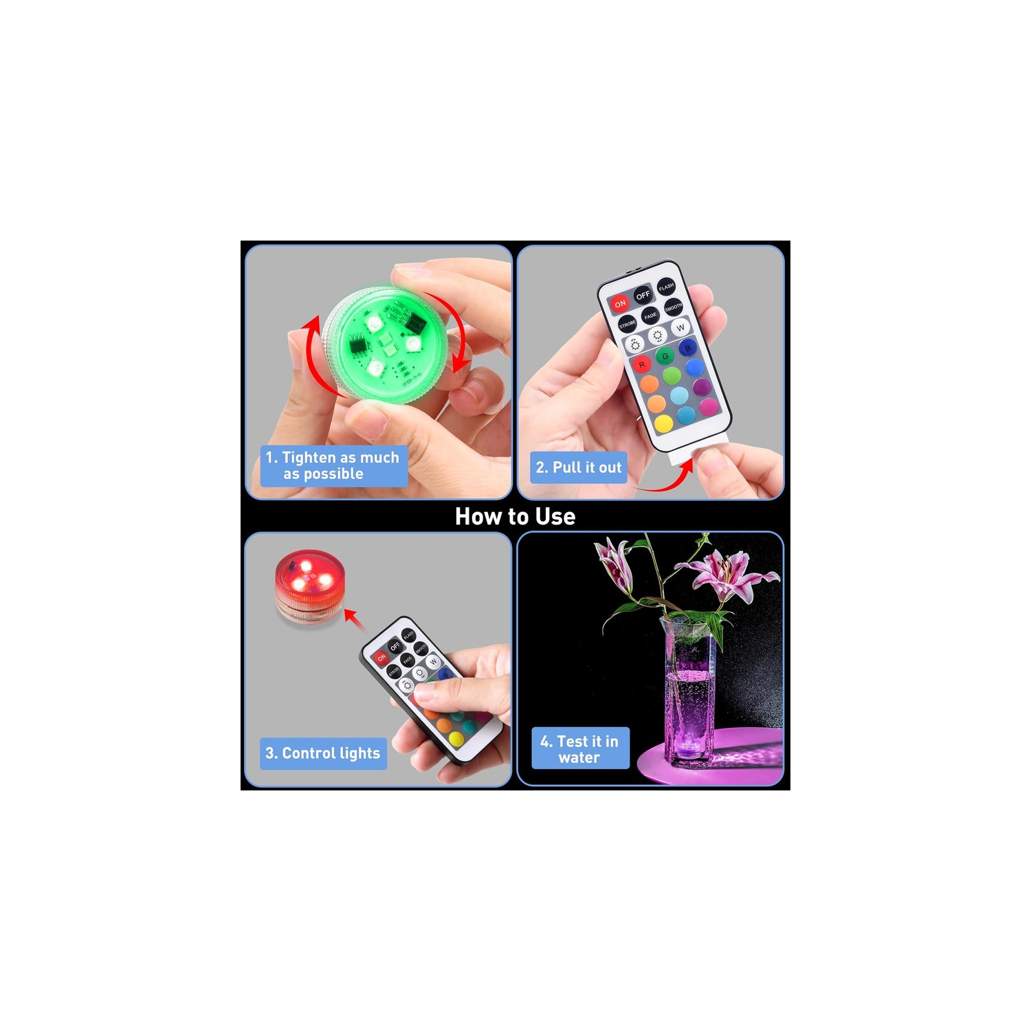 Mini Submersible LED Lights with Remote Control Tea Lights Small Underwater Lights Battery Powered Flameless LED Accent Light for Party Event Vase