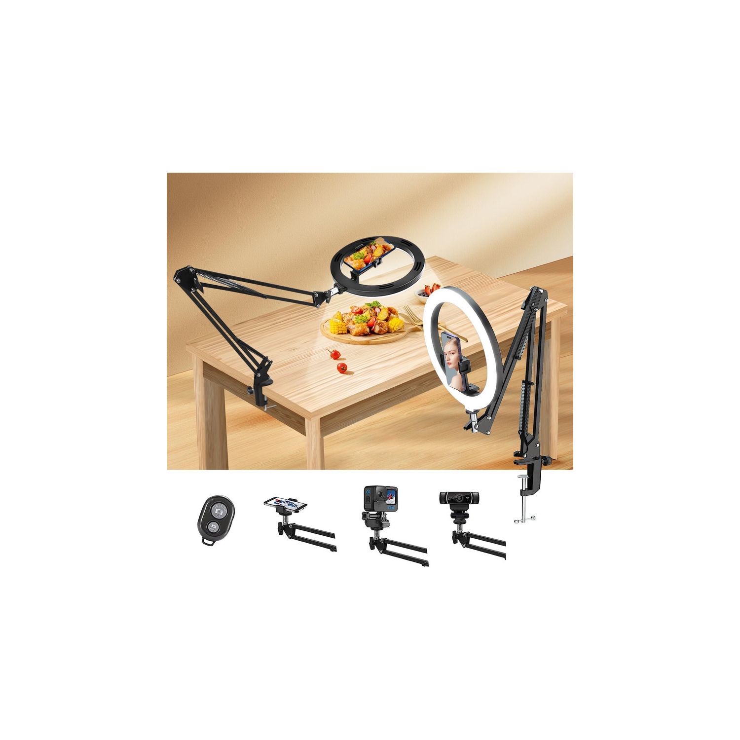 Overhead Phone Mount with Ring Light, 10" LED Ring Light with Stand and Phone Holder for Desk, Flexible Articulating Arm Overhead Camera Mount Tripod