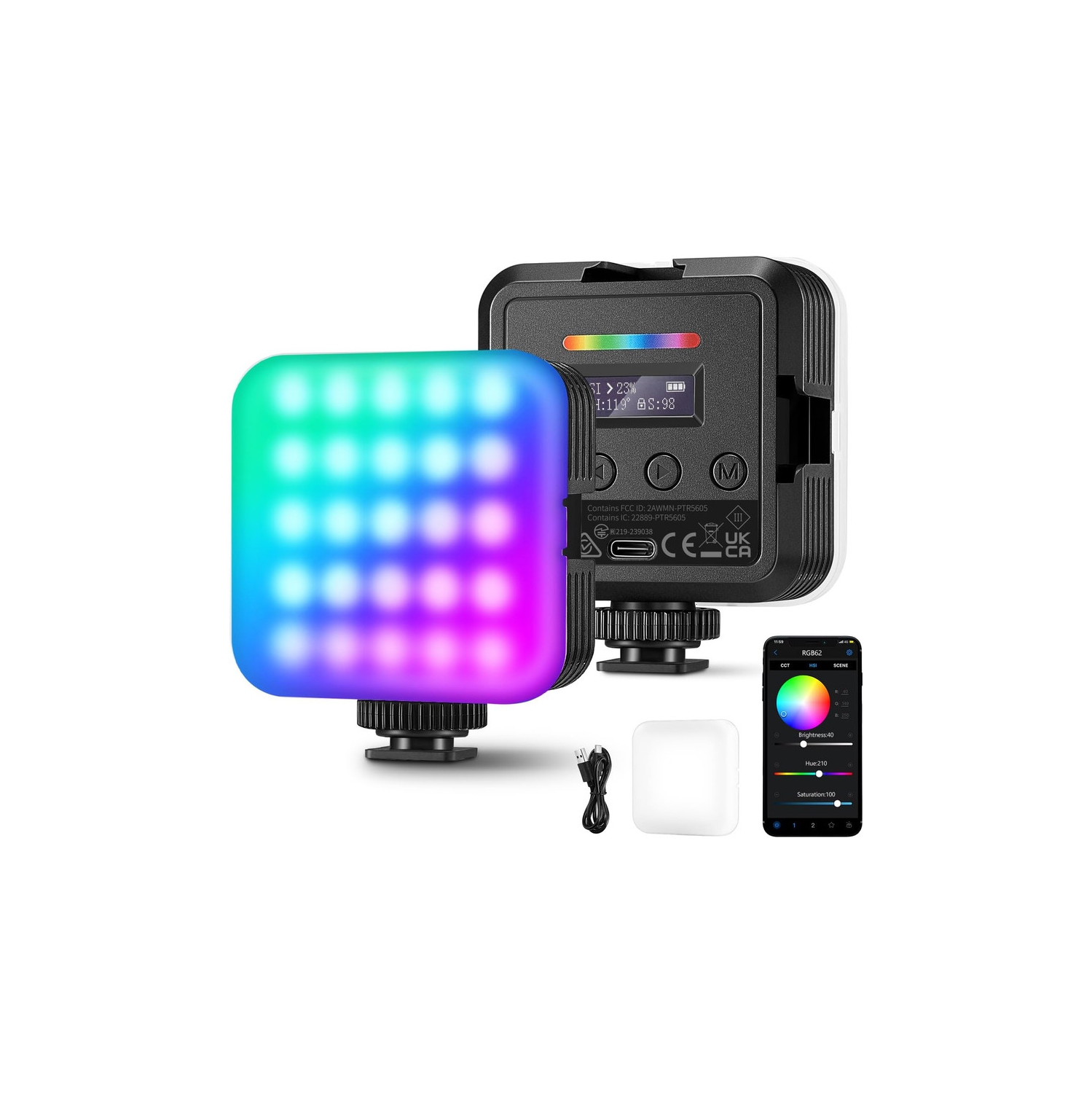 RGB62 Magnetic RGB Video Light with Upgraded APP Control, 360° Full Color LED Camera Light with 3 Cold Shoes CRI97+ 2500K-8500K 17 Scenes 2000mAh