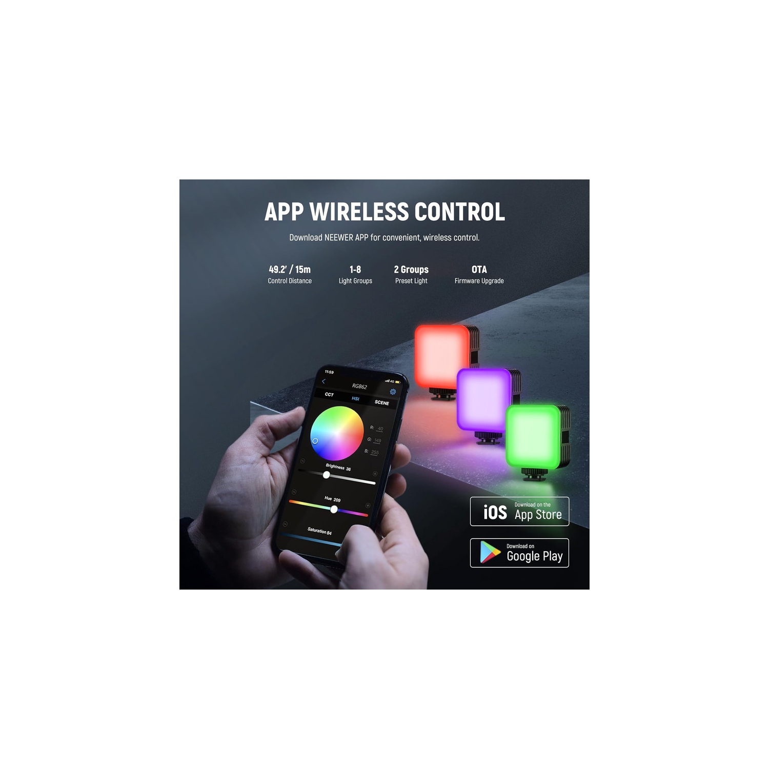 RGB62 Magnetic RGB Video Light with Upgraded APP Control, 360° Full Color LED Camera Light with 3 Cold Shoes CRI97+ 2500K-8500K 17 Scenes 2000mAh