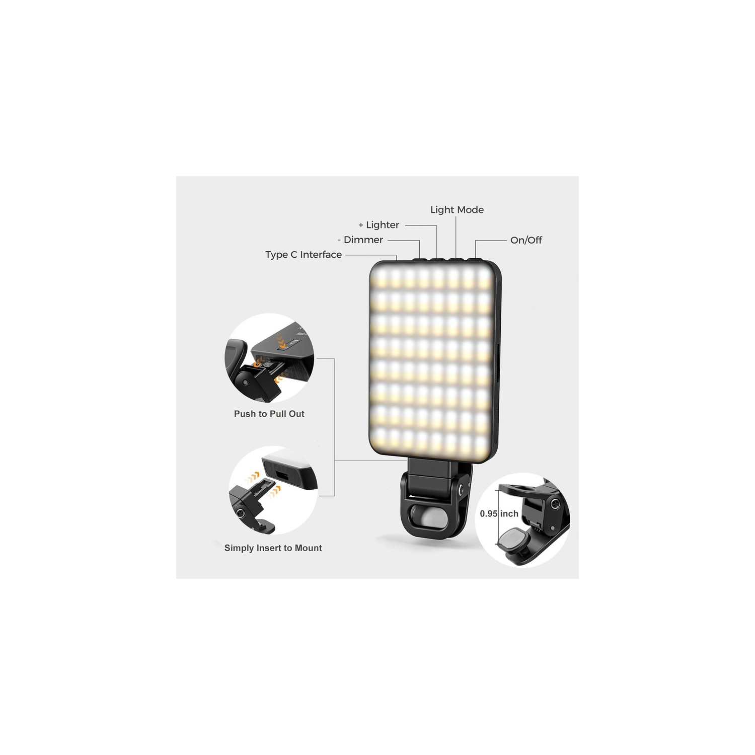 Lampe à égoportrait magnétique – Lampe à égoportrait pour téléphone cellulaire, lampe vidéo miniature rechargeable USB pour