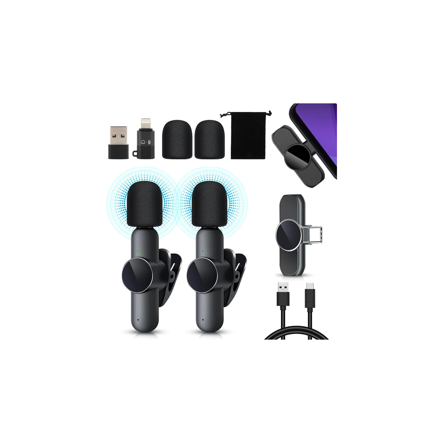 Micro-cravate sans fil, 2 mini microphone compatible avec iPhone/iPad/Android/PC, micro-cravate prêt à l'emploi