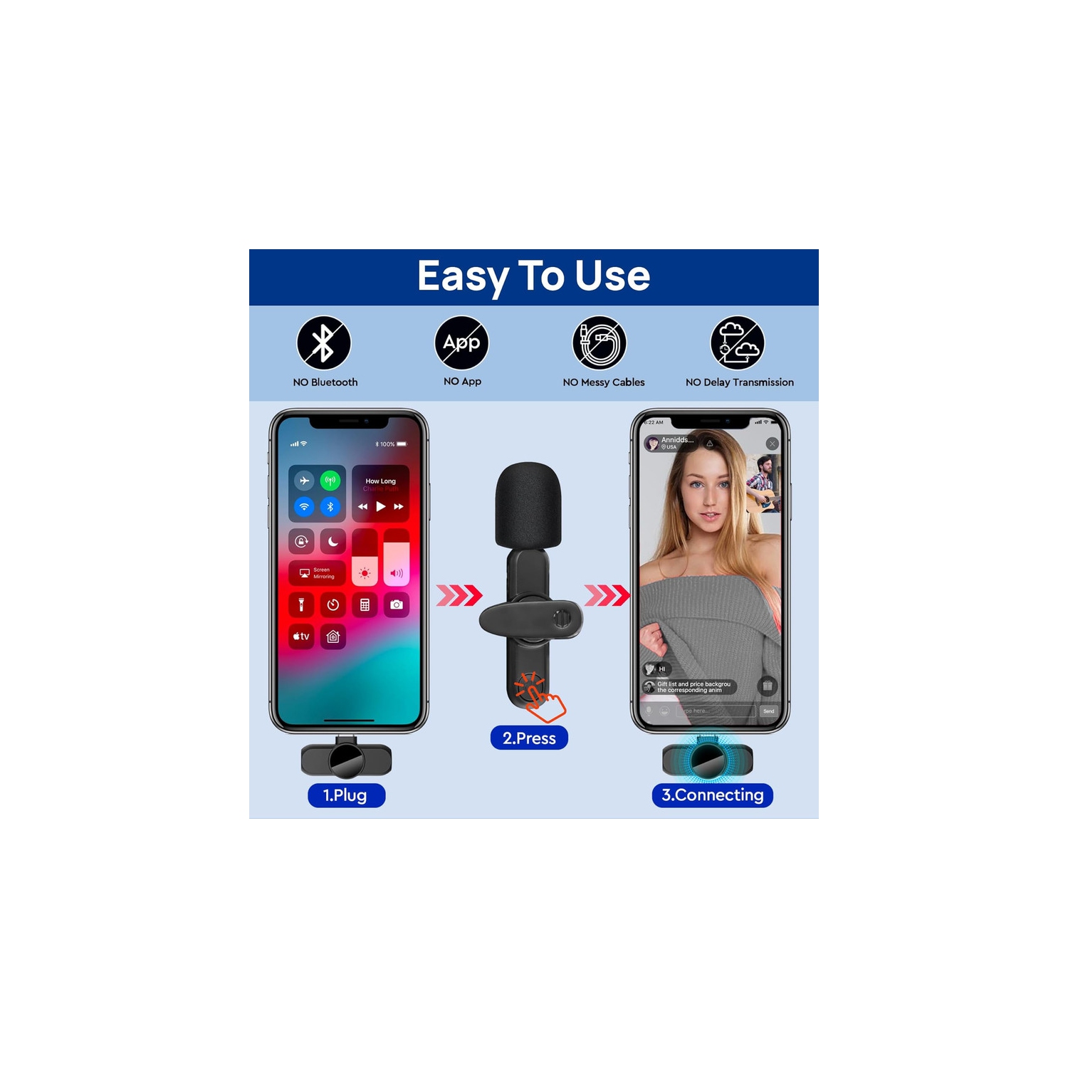 Micro-cravate sans fil, 2 mini microphone compatible avec iPhone/iPad/Android/PC, micro-cravate prêt à l'emploi