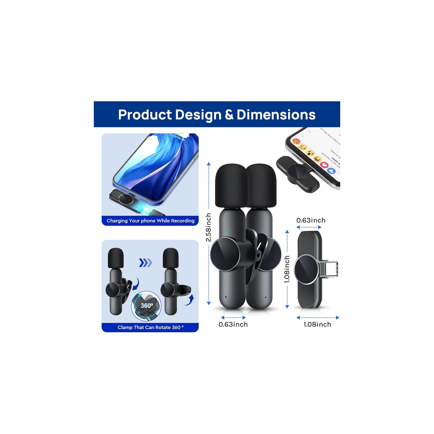 Micro-cravate sans fil, 2 mini microphone compatible avec iPhone/iPad/Android/PC, micro-cravate prêt à l'emploi