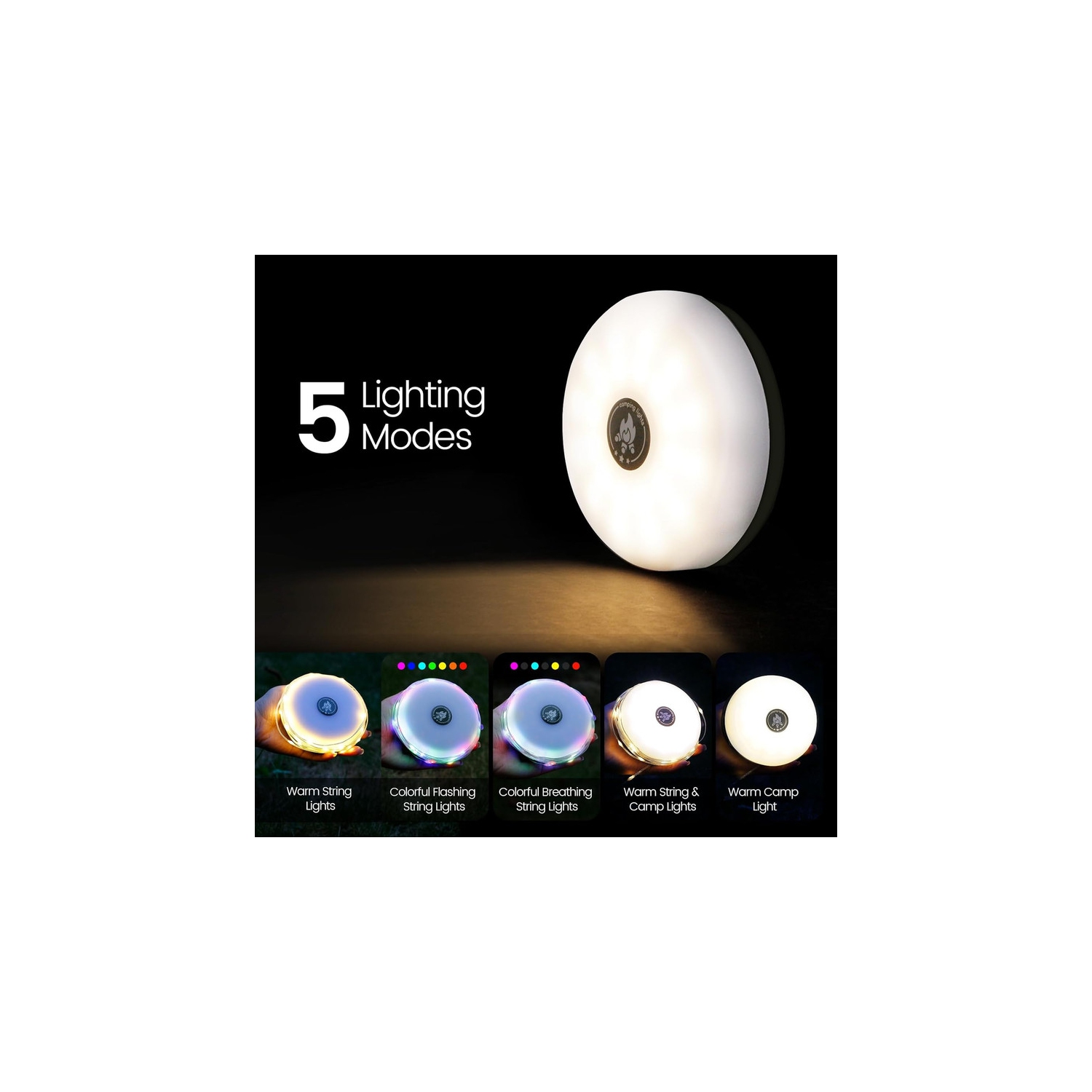 Guirlande de lumières de camping, lanterne de camping rechargeable 2-en-1 avec 8 modes réglables 2000&nbsp;mAh Dure jusqu'à 12&nbsp;h portative