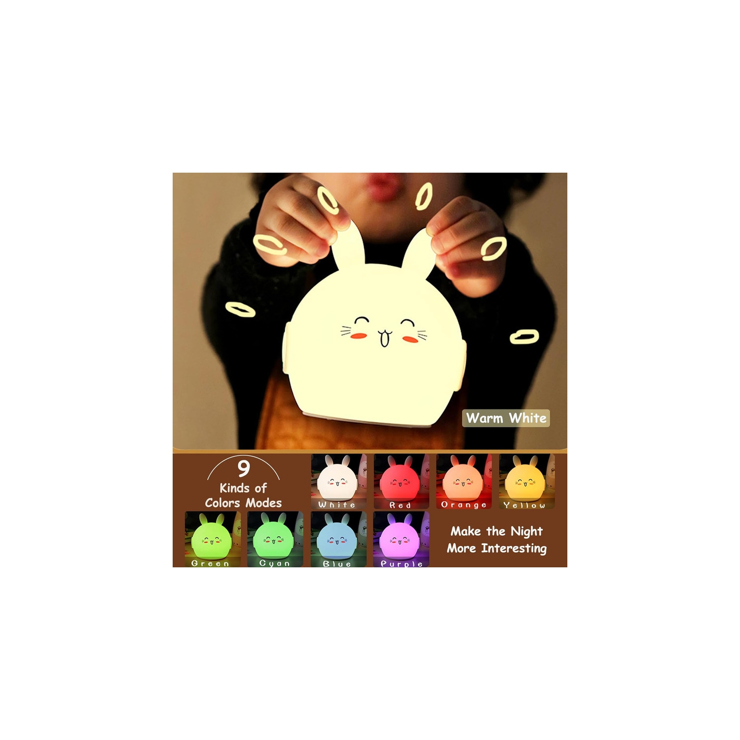Night Light for Kids Cute Bunny Lamp with 9 Colors Changing & Dimming Function, Rechargeable Silicone Nursery Animal Night Lamp for Baby and Toddler,