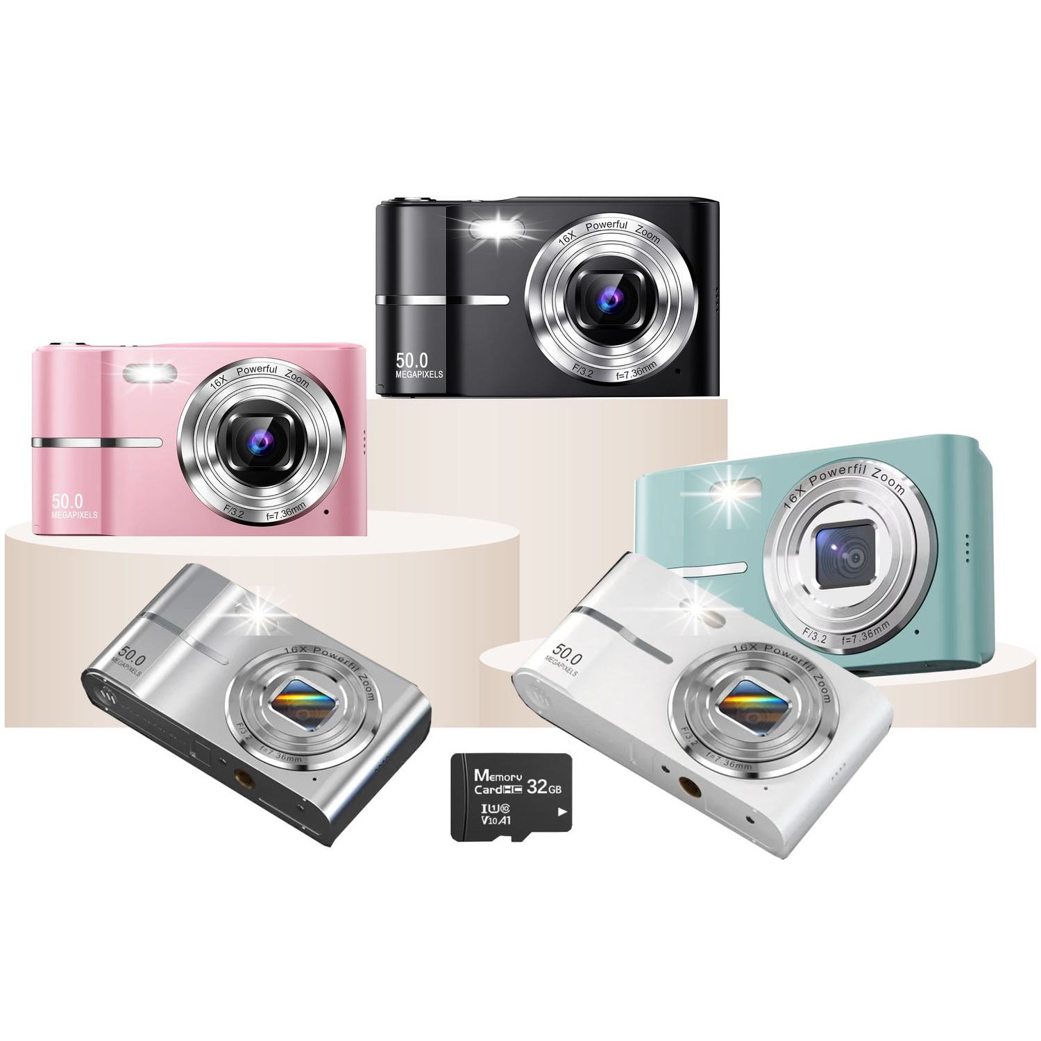 Appareil photo numérique HD compact 50&nbsp;Mpx 16X Zoom HD 1080p Appareil photo automatique 32&nbsp;Go, Caméra amusante pour garçons Enfants