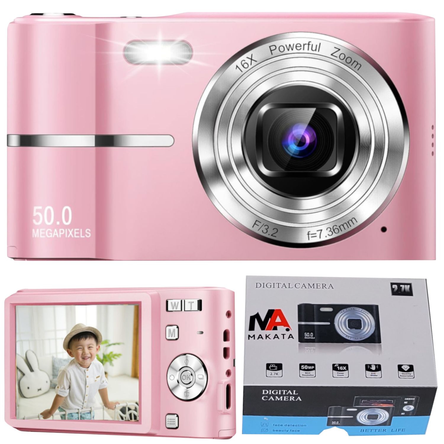 MAKATA Compact HD Digital Camera 50MP 16X Zoom HD 1080P Point and Shoot Camera 32GB Memory Card, Fun Camera for Boys Girls Kids Students Beginners