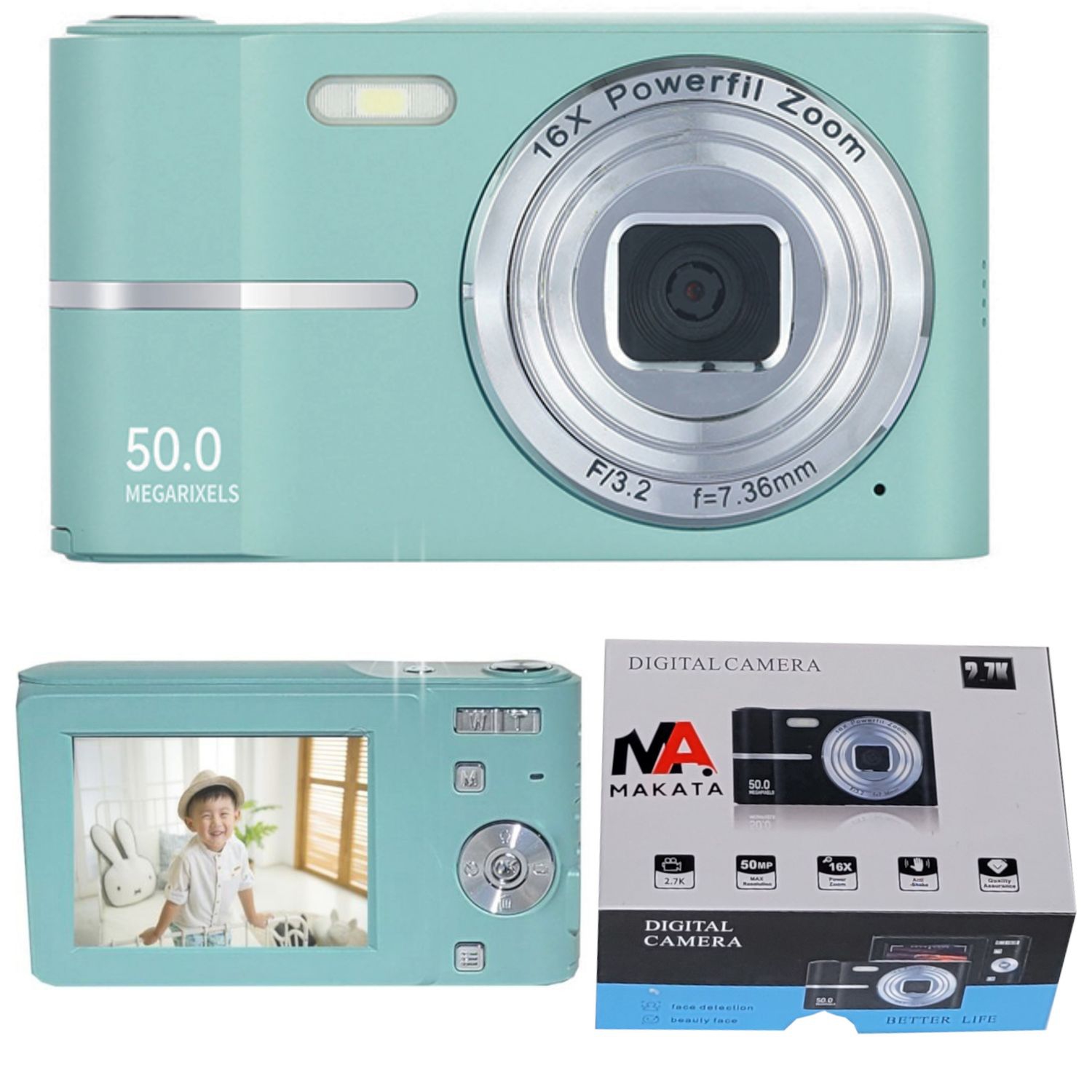 Appareil photo numérique compact HD MAKATA 50 Mpx 16X zoom HD 1080p Appareil photo automatique 32 Go, Caméra amusante pour garçons Jeunes
