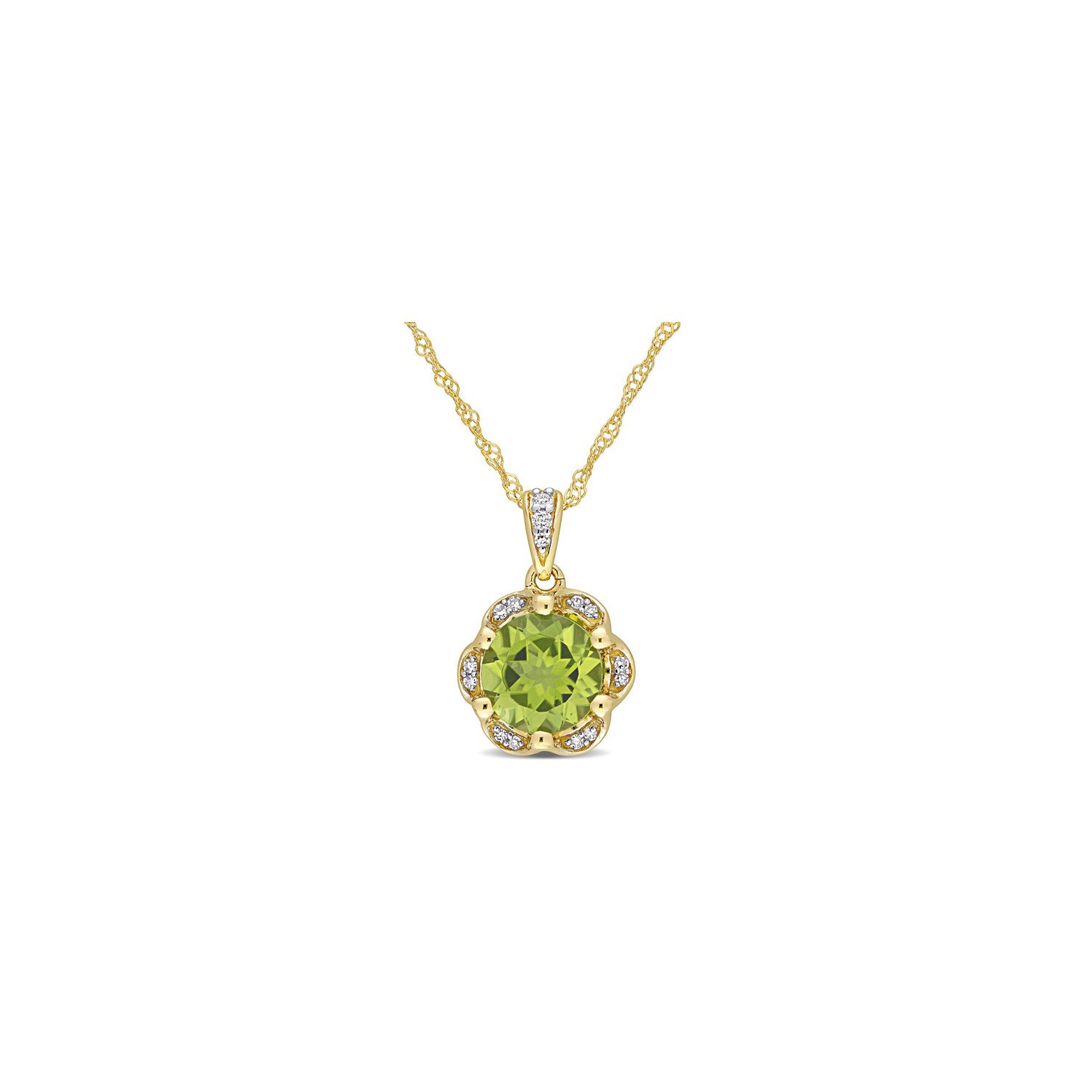 1.52 Carat Peridot Flower Pendant Necklace in 14K Yellow Gold with Accent Diamonds and Chain