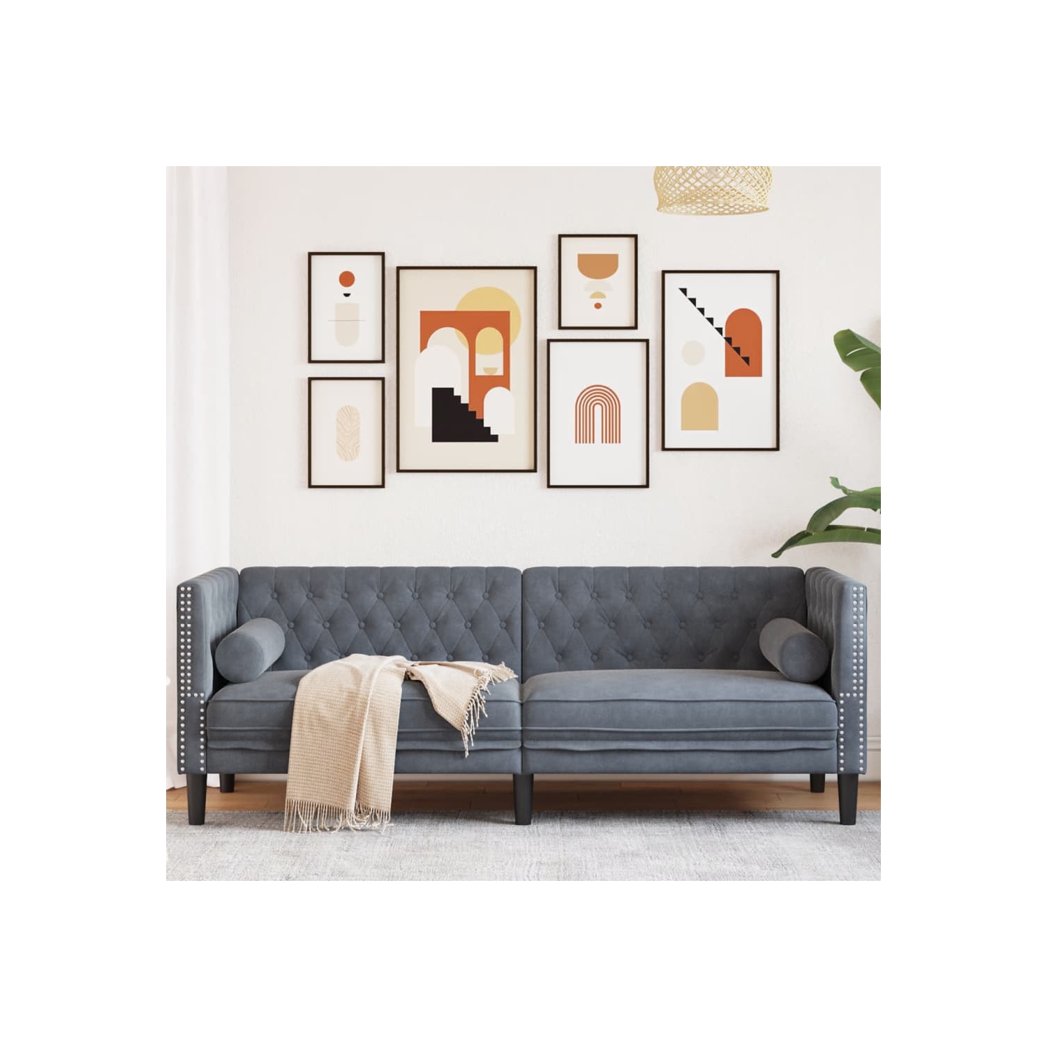 Canapé vidaXL Chesterfield avec traversins 3 places en velours gris foncé