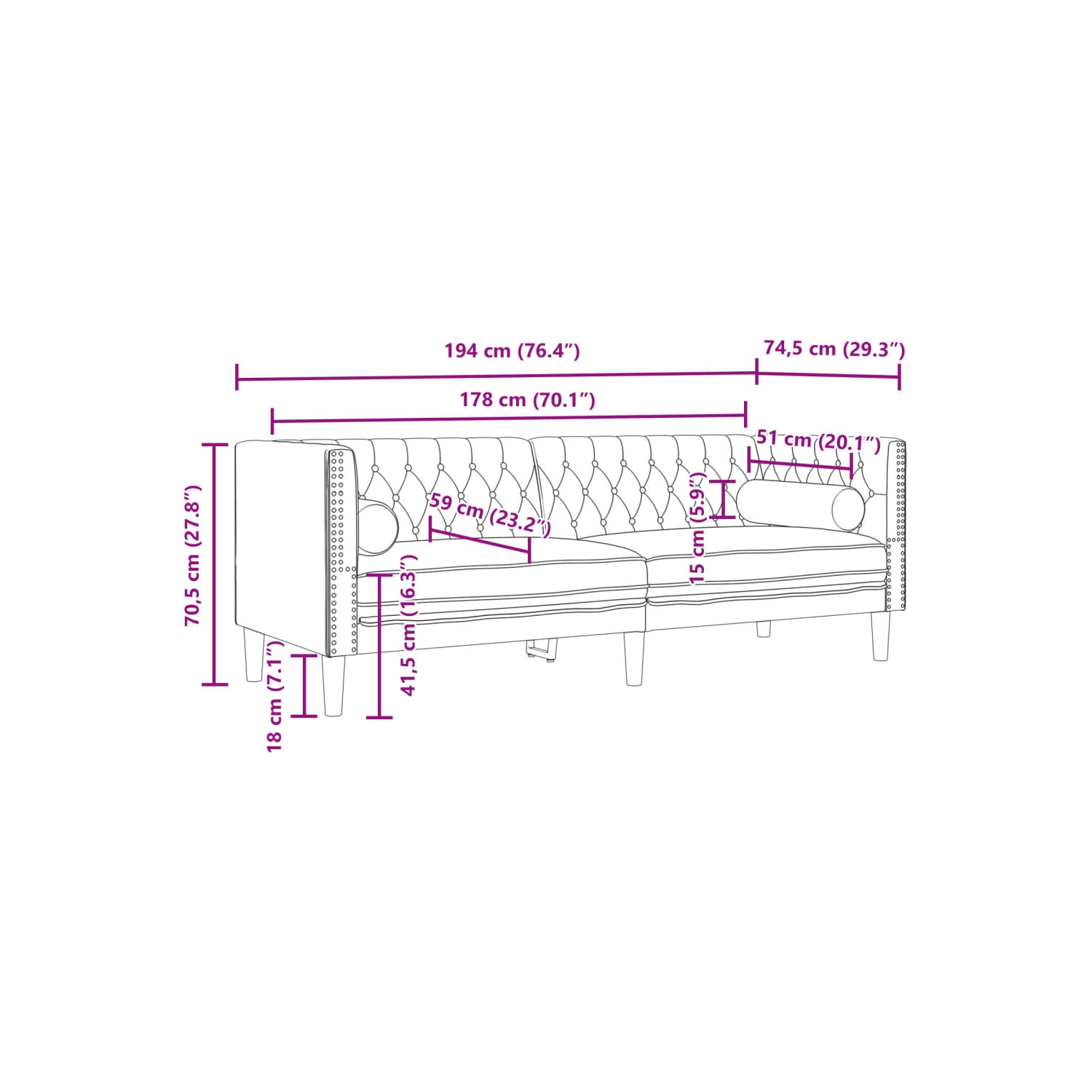 Canapé vidaXL Chesterfield avec traversins 3 places en velours gris foncé