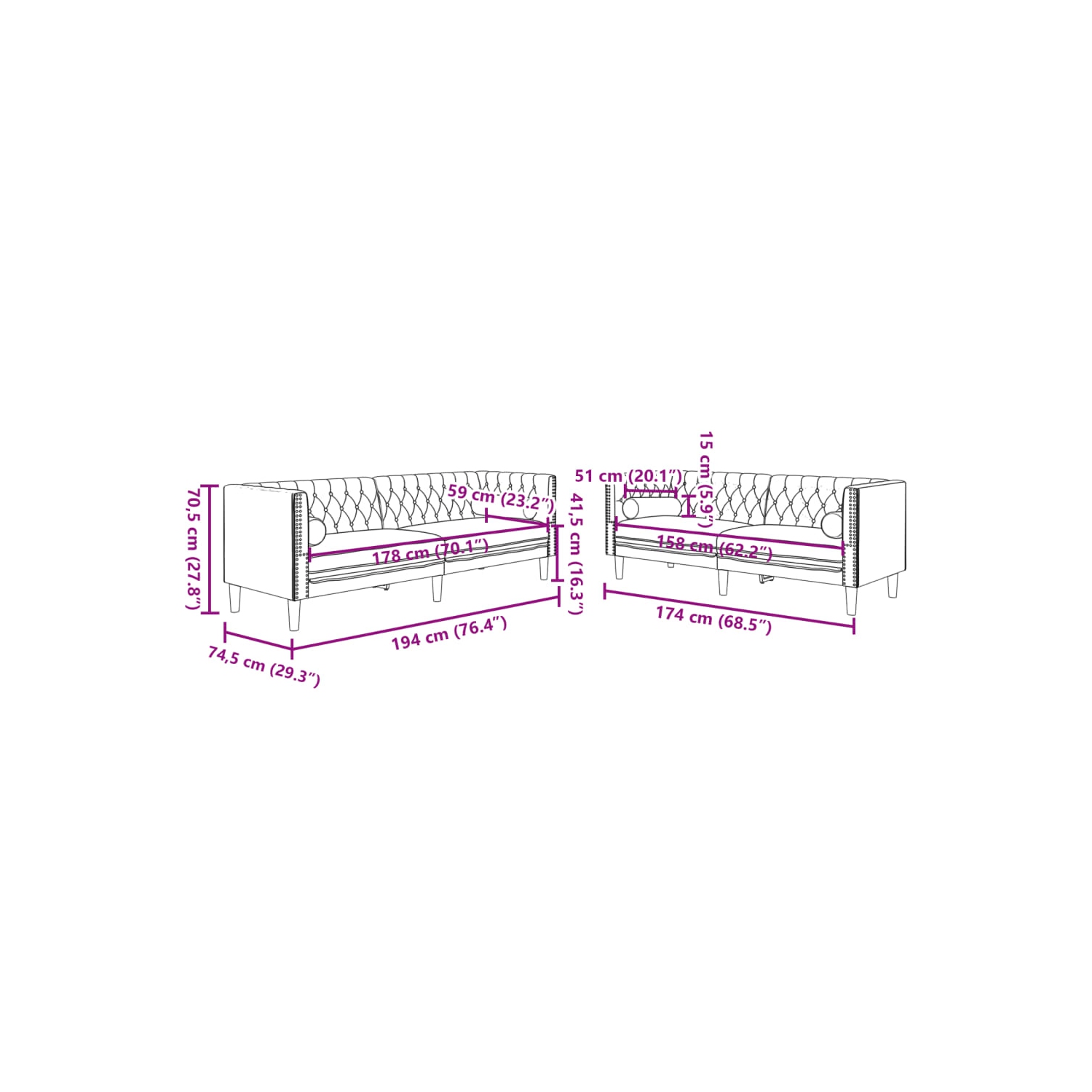 Ensemble canapé 2 pièces collection Chesterfield vidaXL avec traversins en velours gris foncé