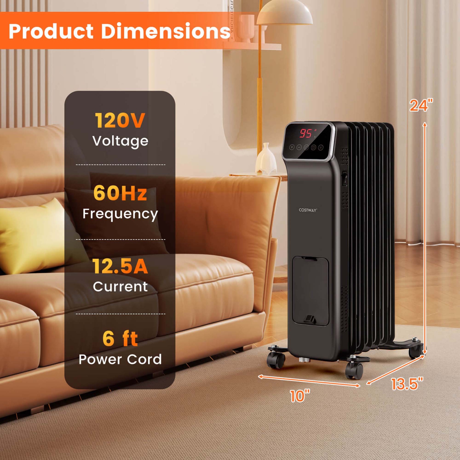 Costway 1500W Oil Filled Radiator Heater with Remote Control 3 Modes 24H Timer Indoor
