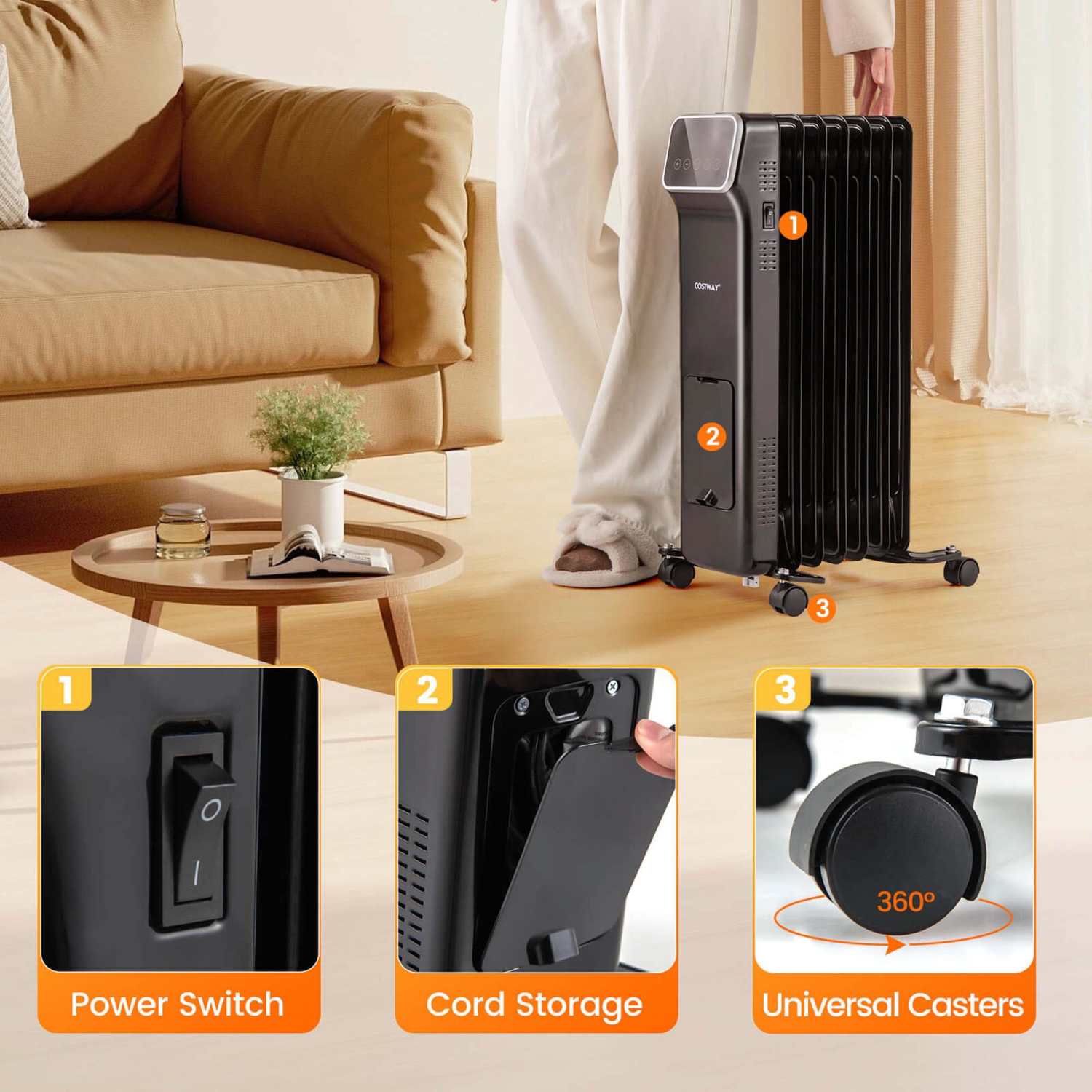 Costway 1500W Oil Filled Radiator Heater with Remote Control 3 Modes 24H Timer Indoor