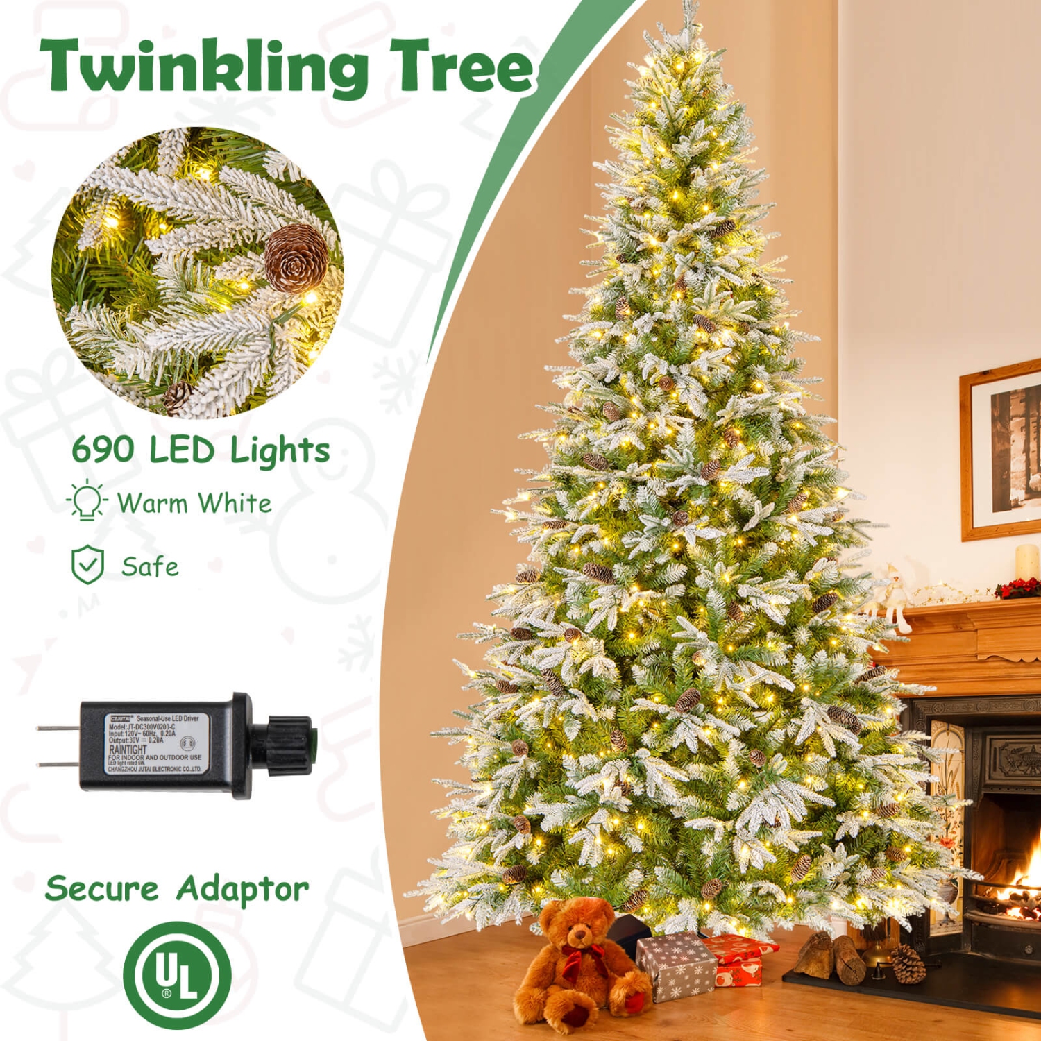 Arbre de Noël artificiel à charnières de 9 pi avec 1871 branches de Costway, 690 lumières