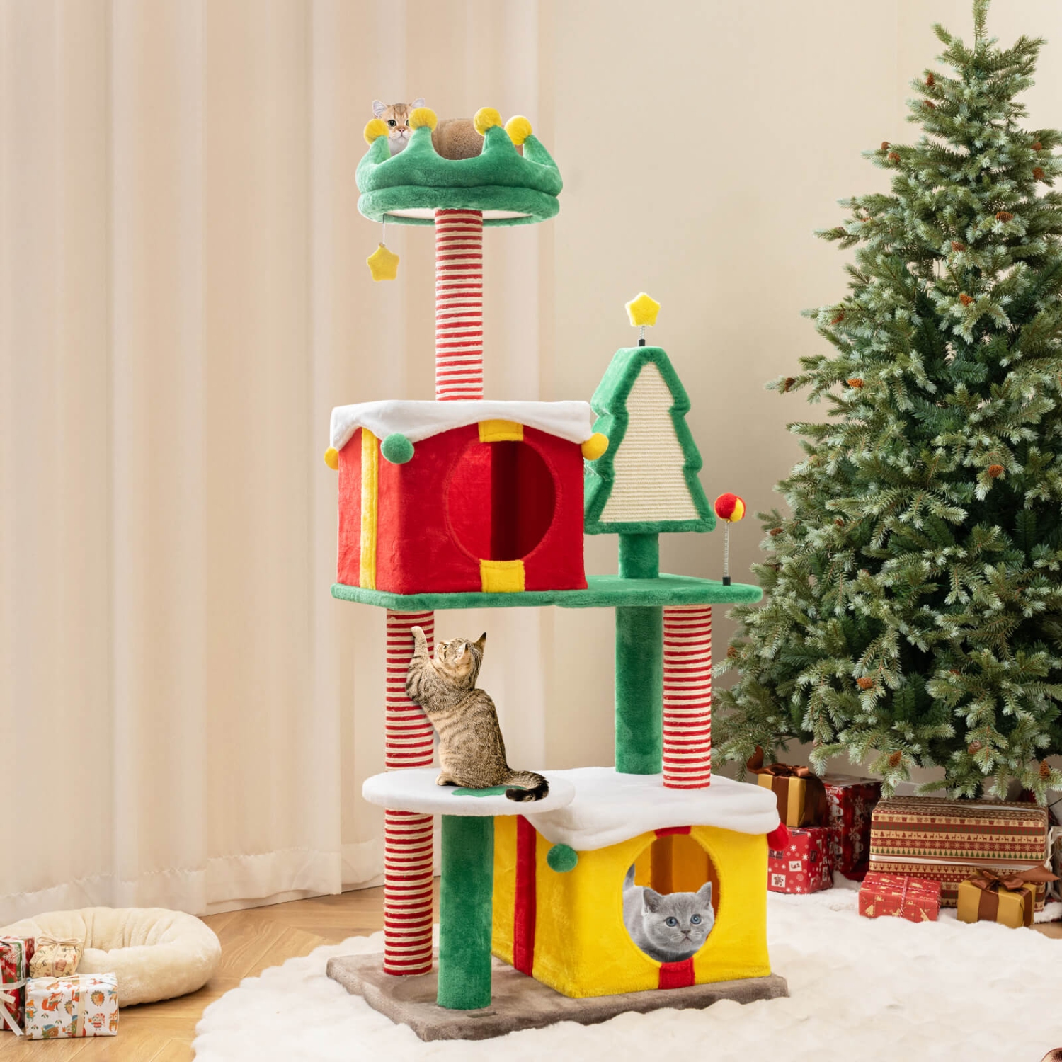 Arbre de Noël pour chats d'intérieur avec poteaux à gratter en sisal de Costway, perche en peluche pour tapis